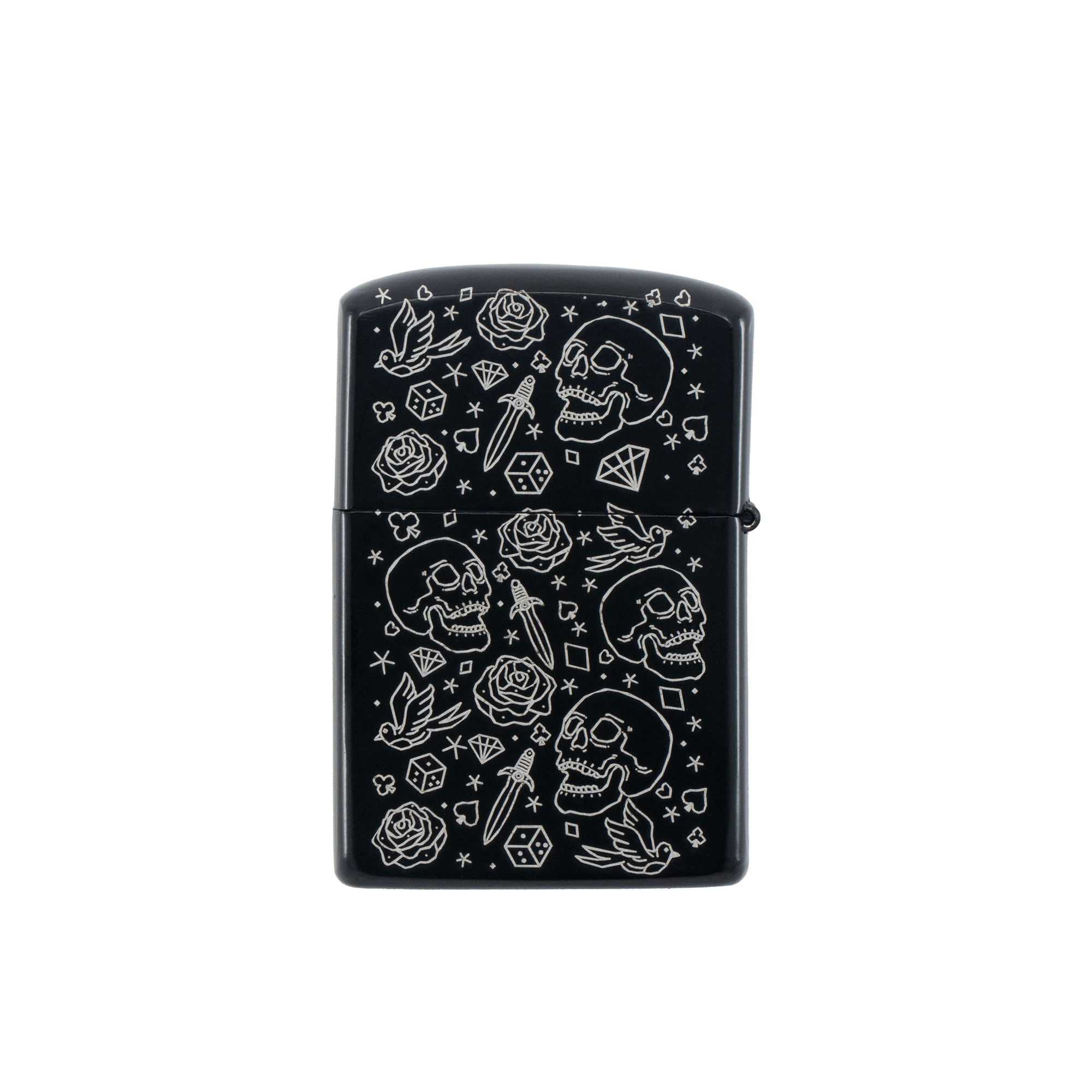 Ace of Spades Flip Lighter | Black Engraved Skull, Rose & Dice Design