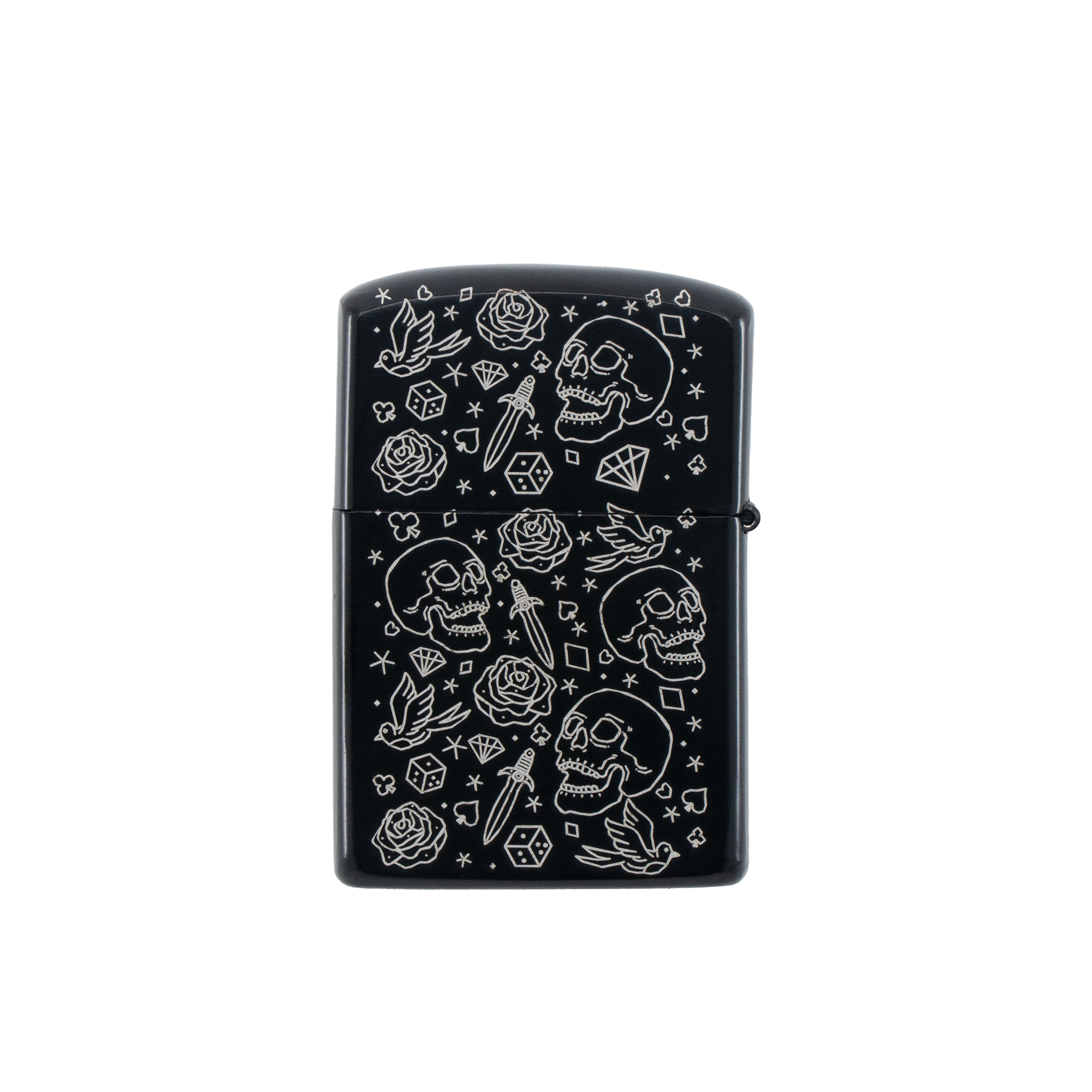 Ace of Spades Flip Lighter | Black Engraved Skull, Rose & Dice Design