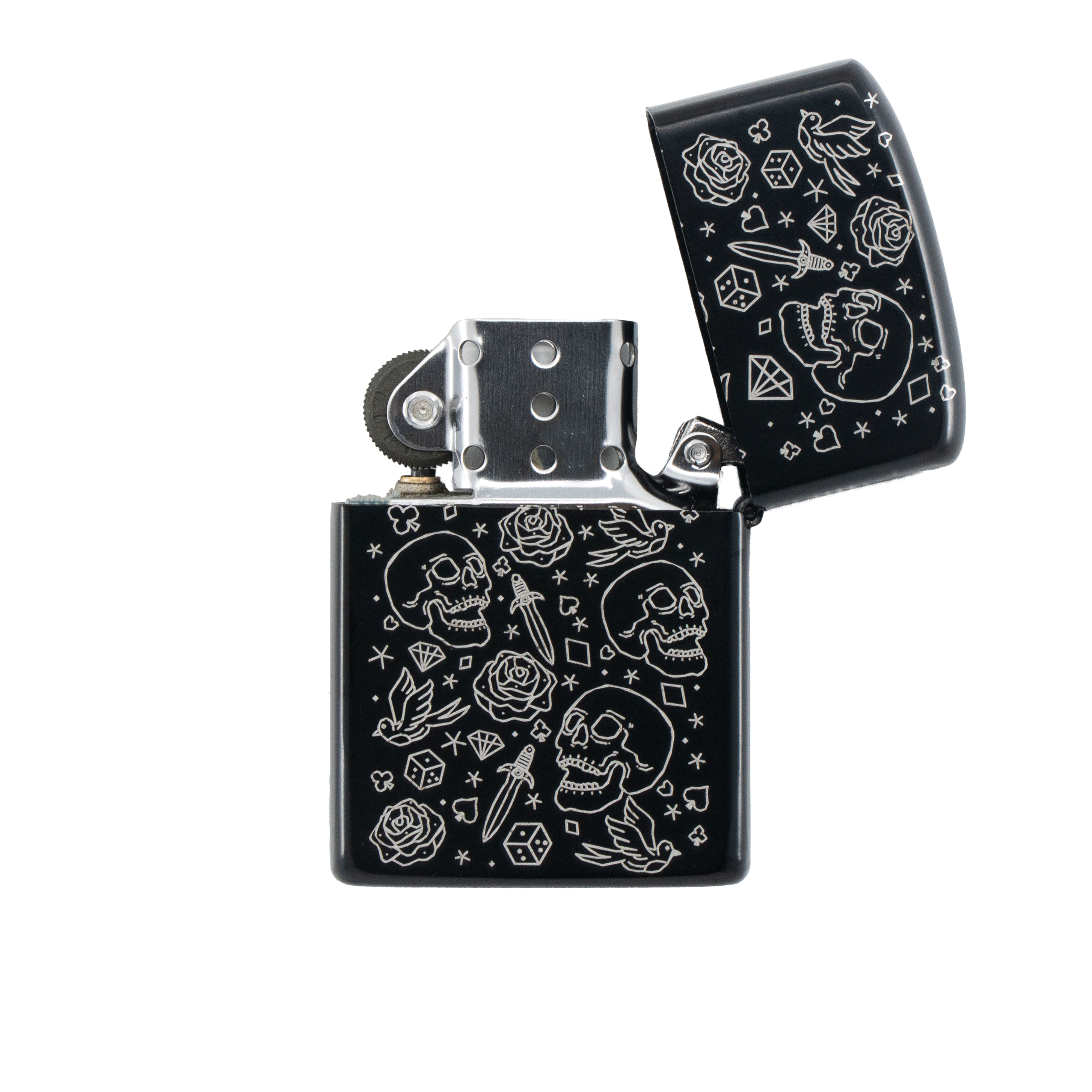 Ace of Spades Flip Lighter | Black Engraved Skull, Rose & Dice Design