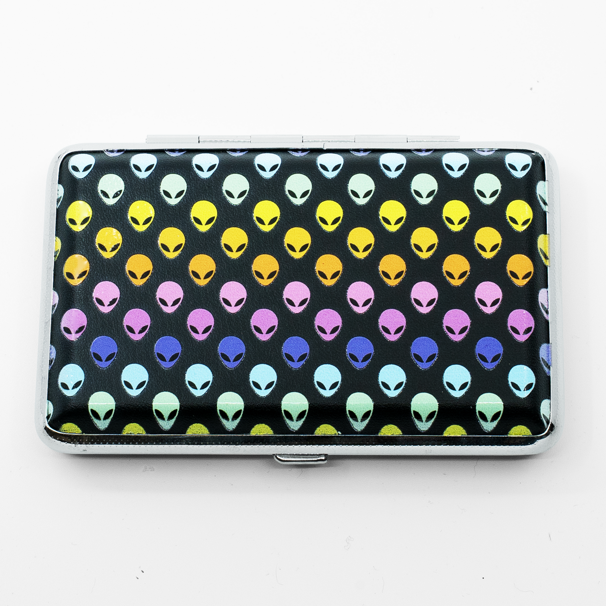 Black hard-shell smell-proof case with multi-color alien design on a white background