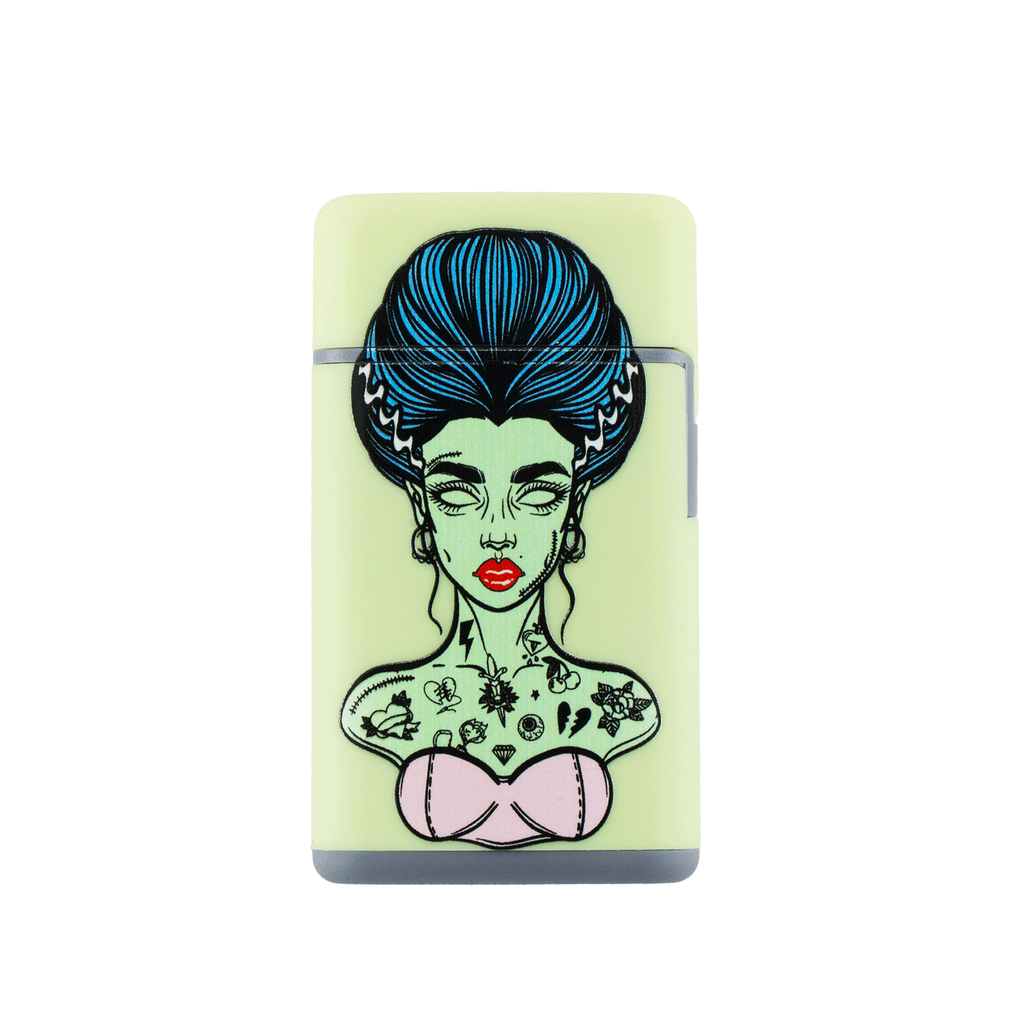 Mint green flip lighter with tattooed Bride of Frankenstein illustration, blue hair, and gothic pin-up aesthetic