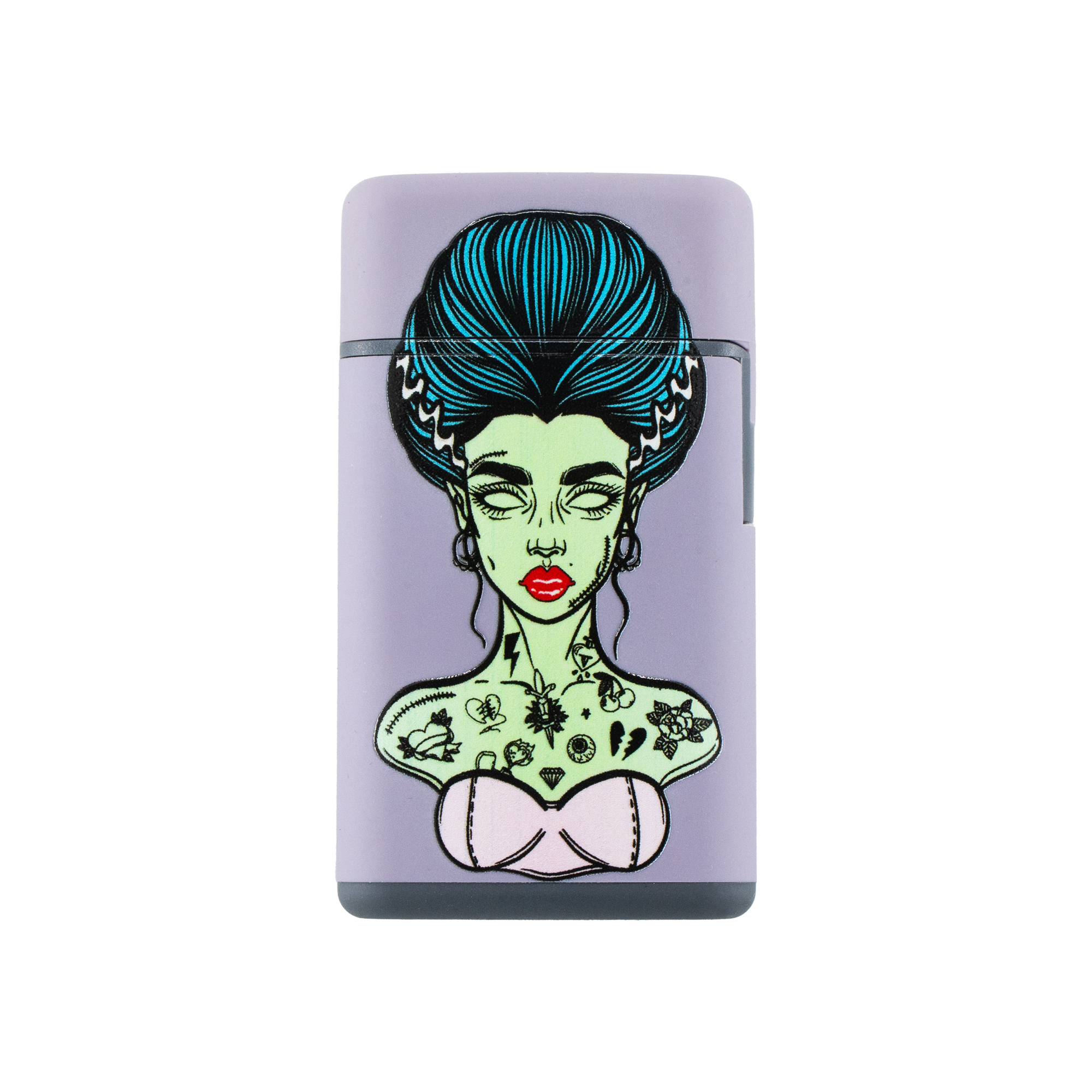 Purple flip torch lighter with Bride of Frankenstein tattoo art and teal hair | Goth cannabis accessory