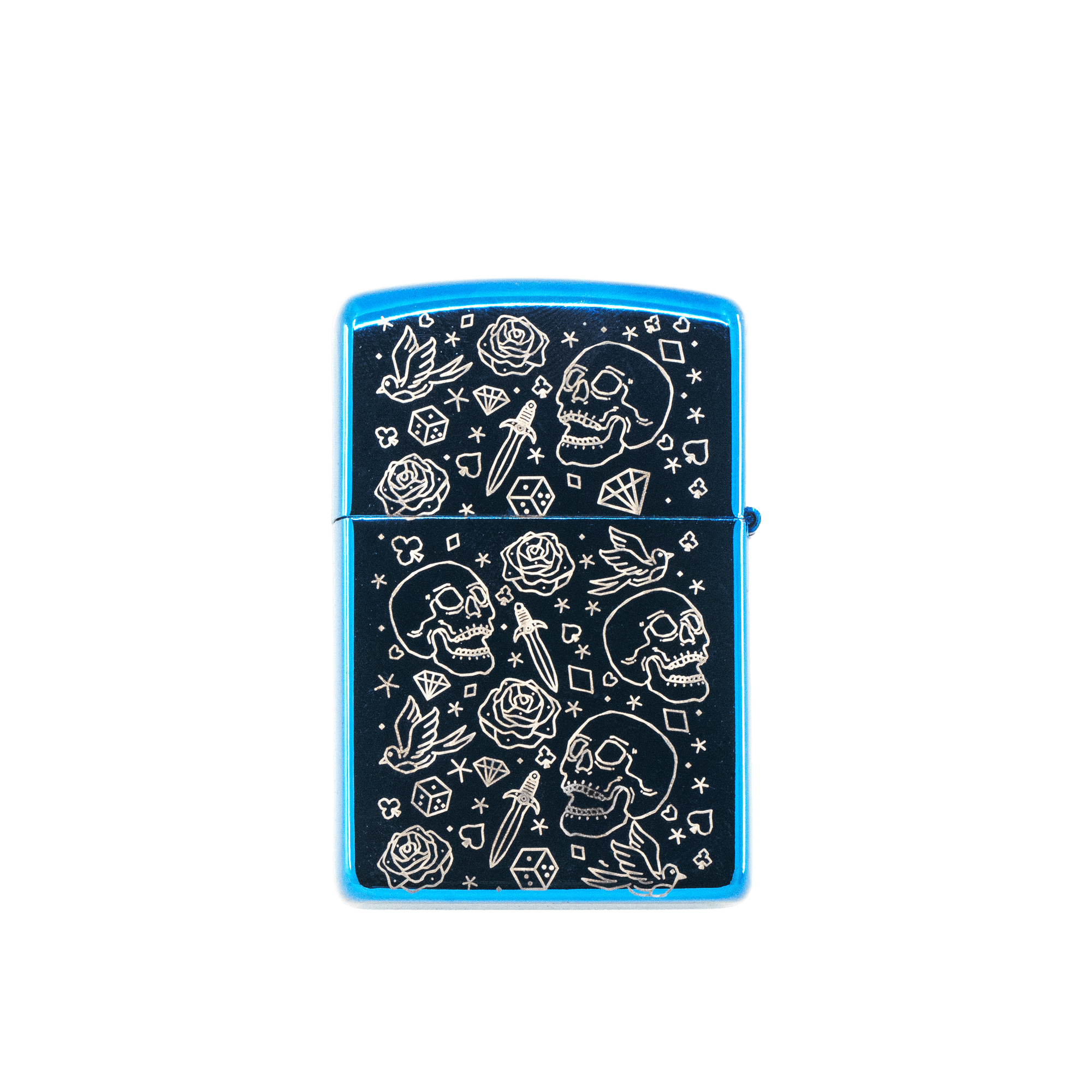 Chrome blue flip lighter engraved with skull, rose, dagger, and dice tattoo flash on white background