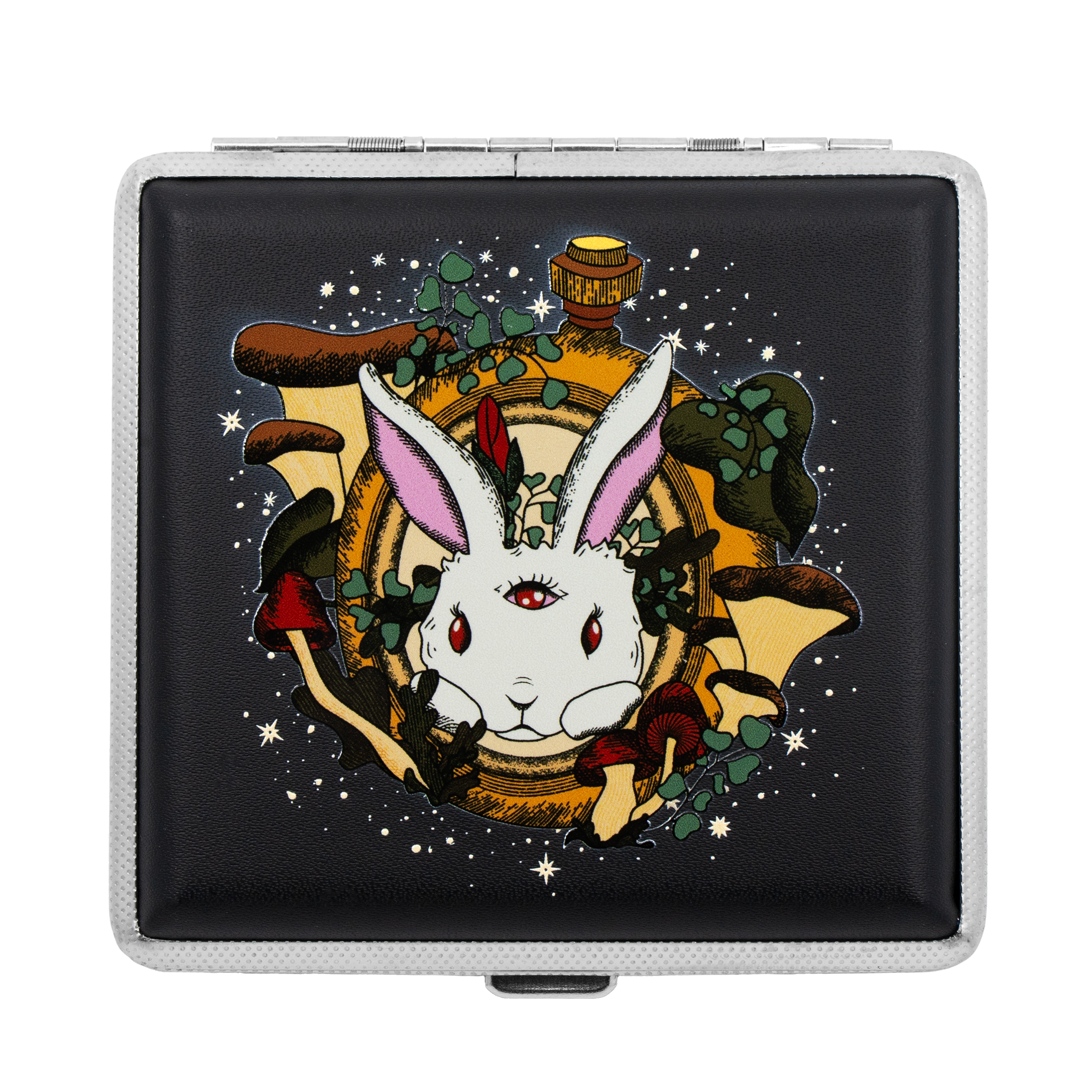 Silver metal joint case with curved clips, inspired by Alice in Wonderland and fairycore art