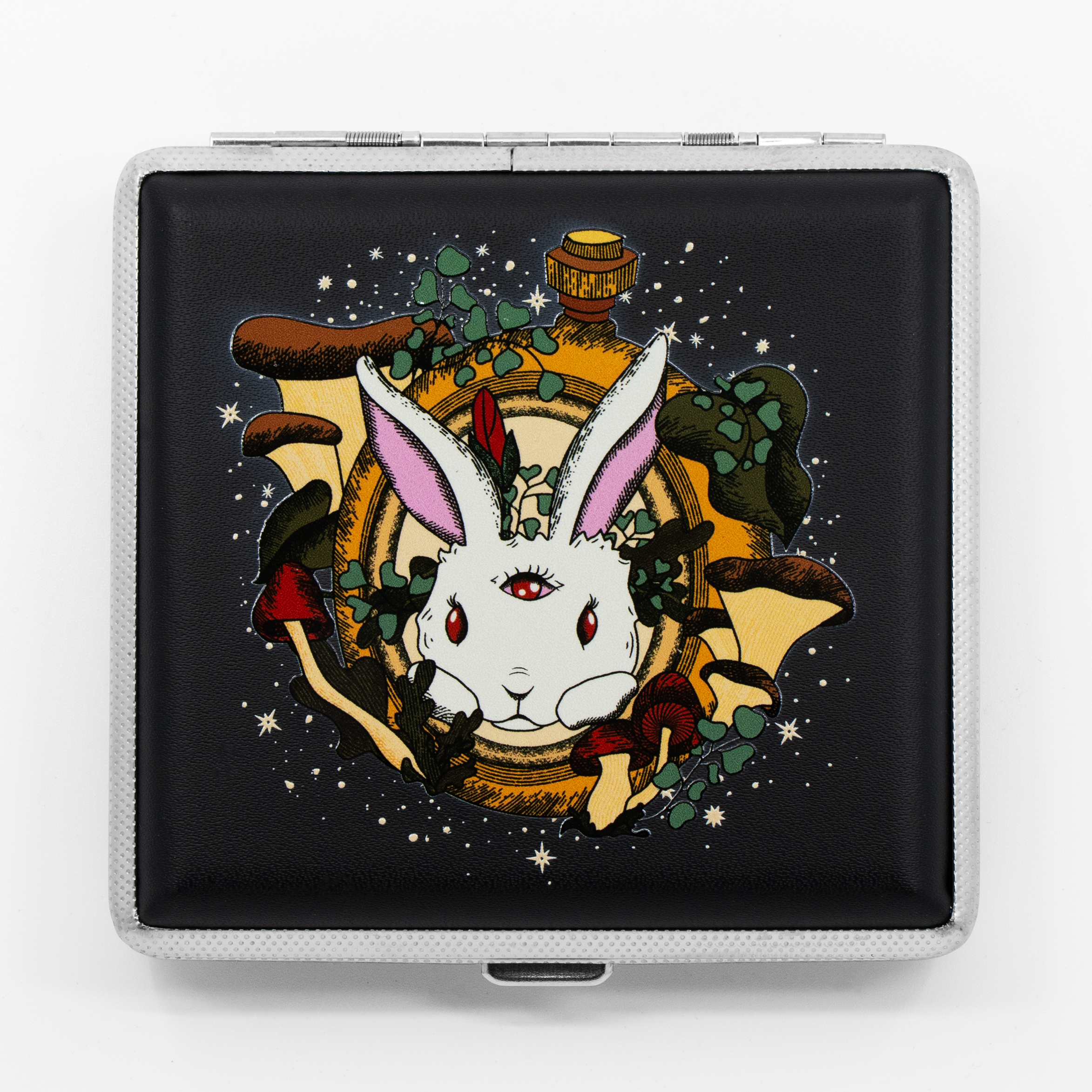 Silver metal joint case with curved clips, inspired by Alice in Wonderland and fairycore art