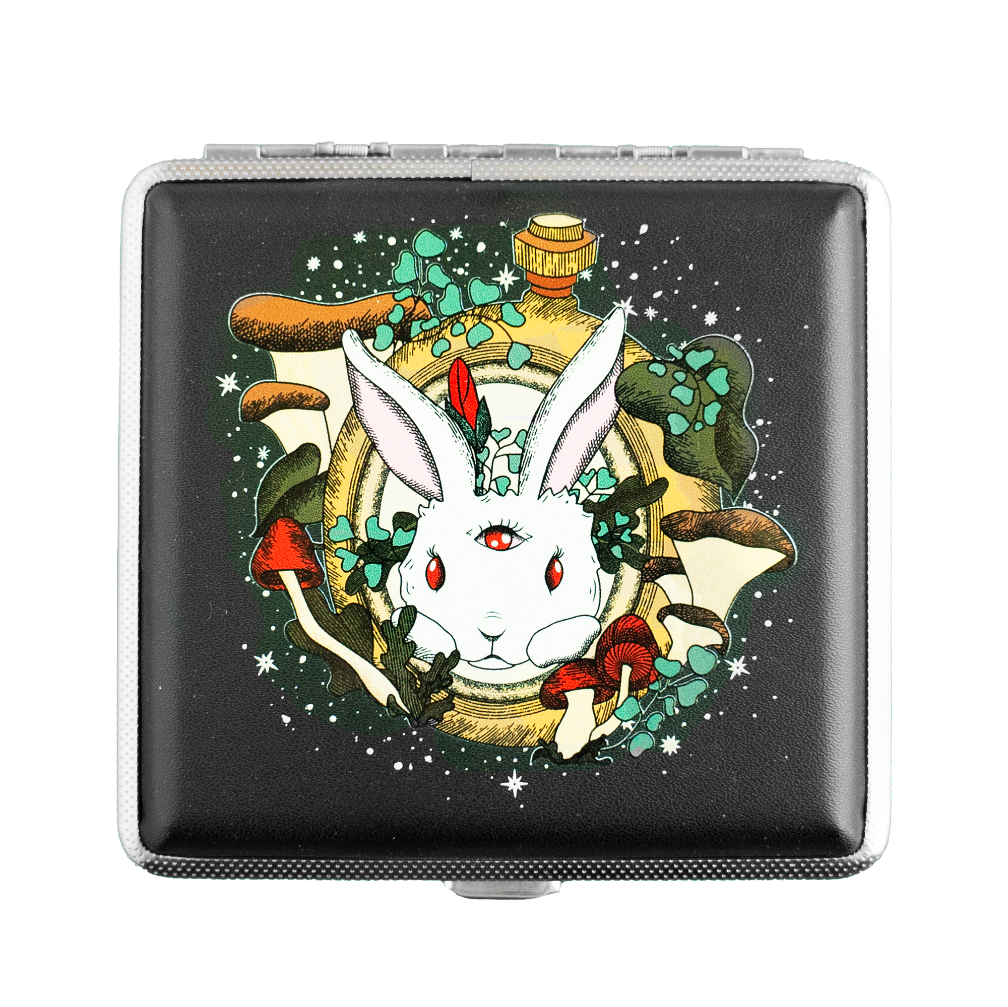 Chasing Rabbits design by Ella Dandelion featuring a third-eye rabbit with mushrooms – psychedelic joint or vape holder