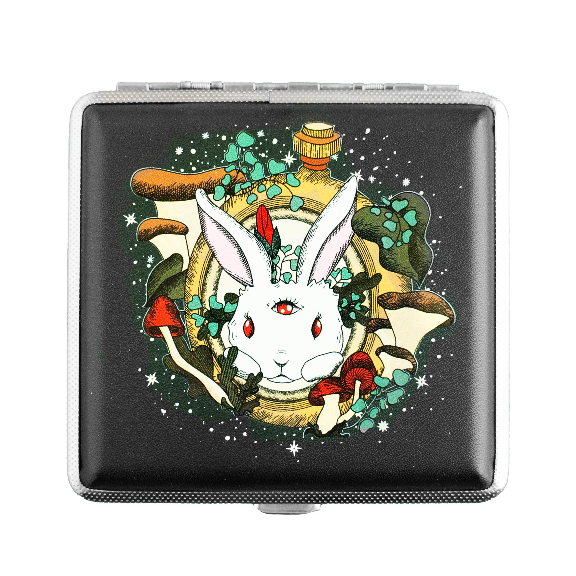 Chasing Rabbits design by Ella Dandelion featuring a third-eye rabbit with mushrooms – psychedelic joint or vape holder