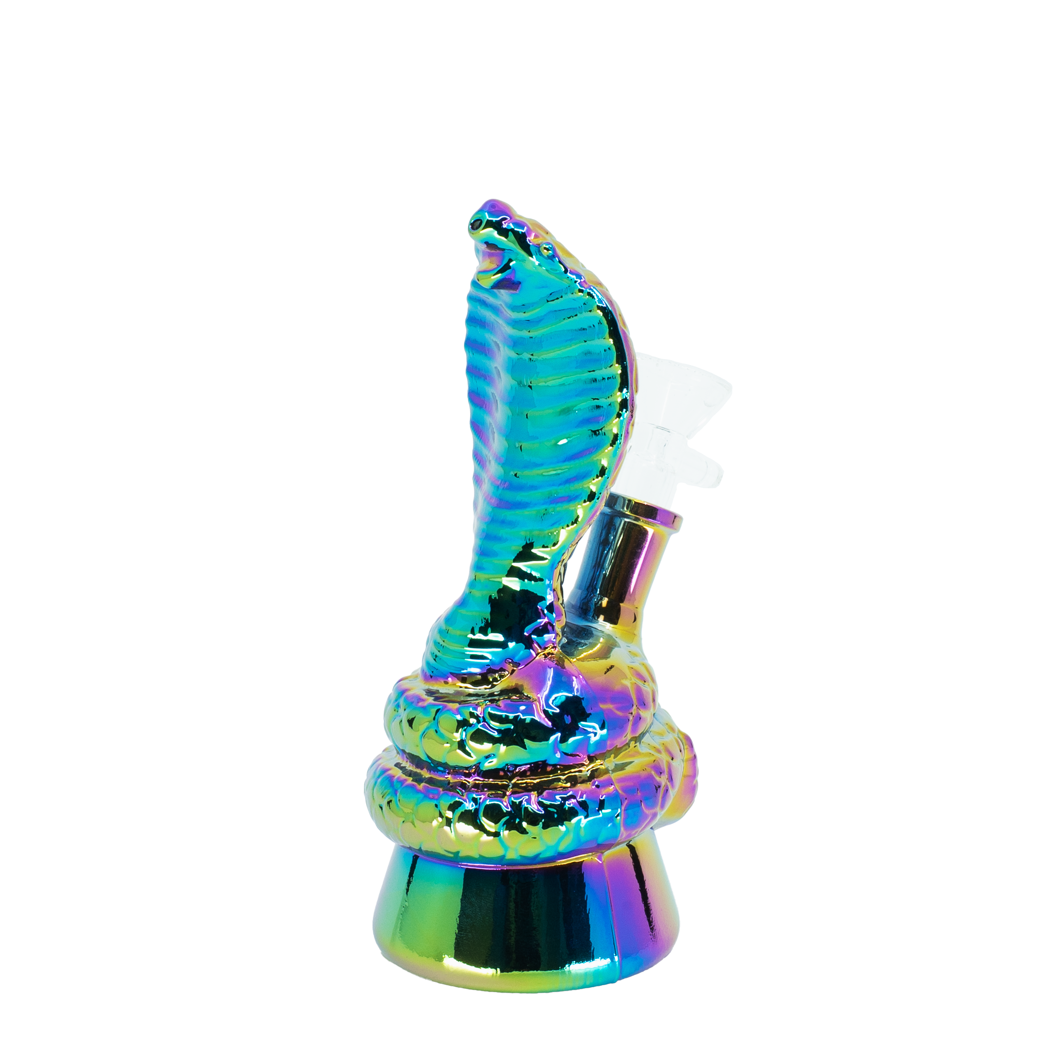 Iridescent chrome cobra-shaped bubbler bong; snake design with fangs and rainbow finish