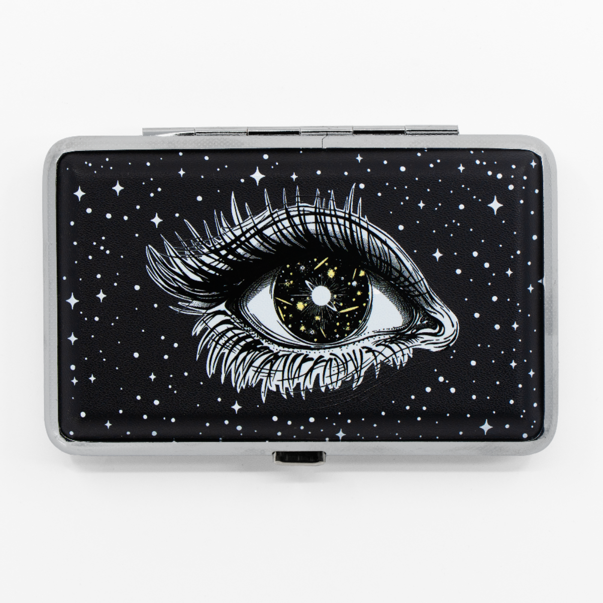 Black hard-shell smell-proof stash case with celestial eye and starry night design with silver hardware on a white background