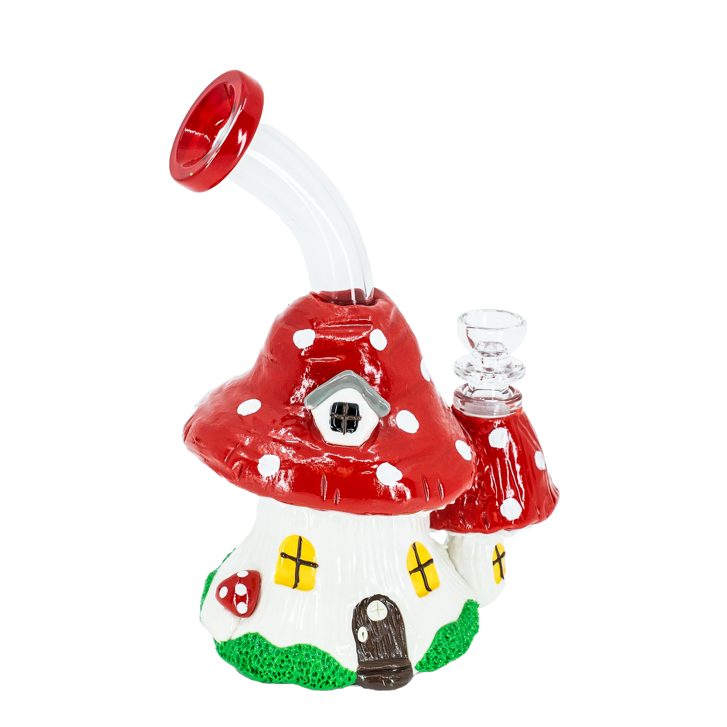 Red mushroom shaped cottage bong with white glass stem and percolator chamber