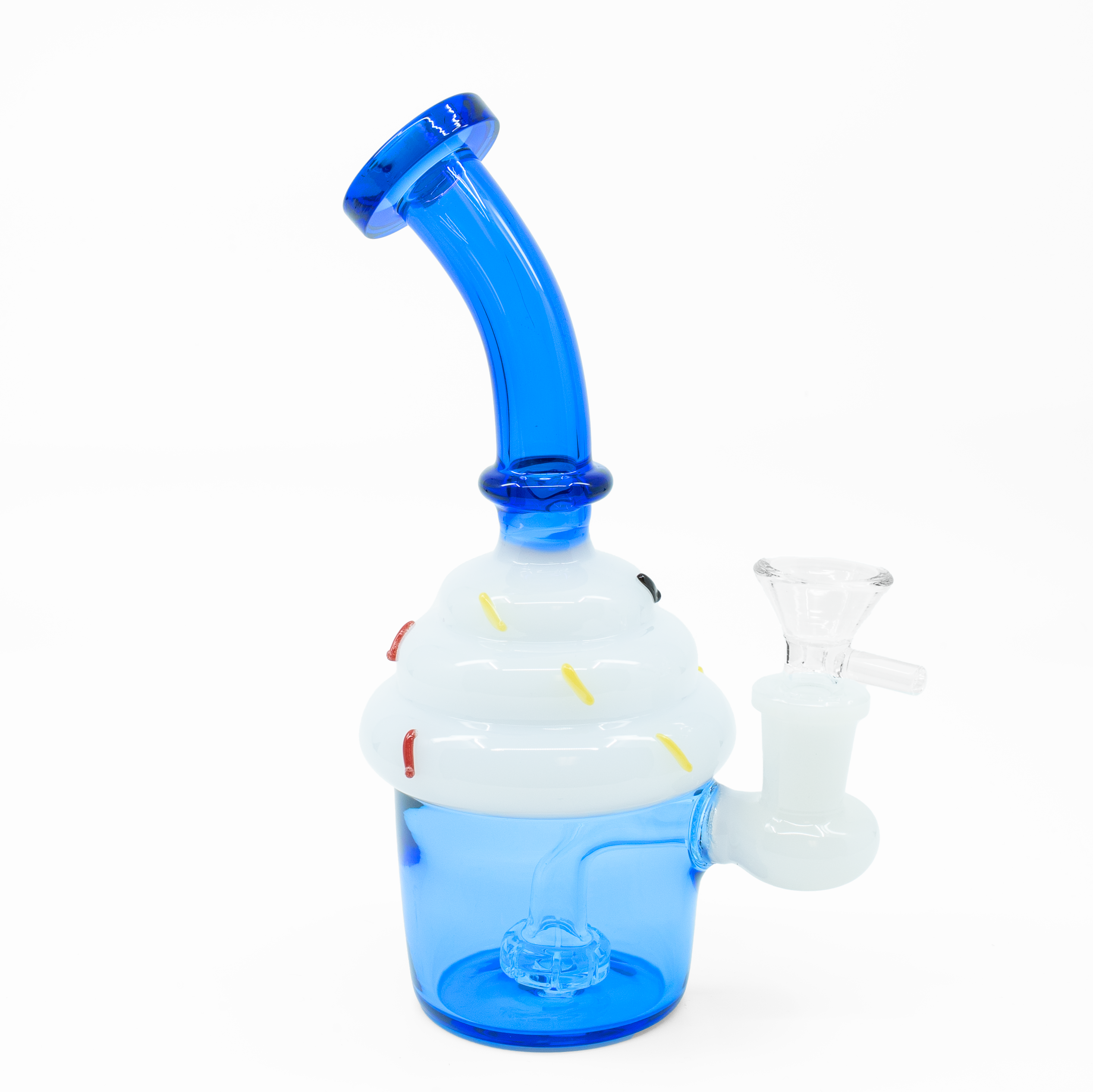 Blue cupcake shaped glass bong with white frosting swirl and percolator chamber