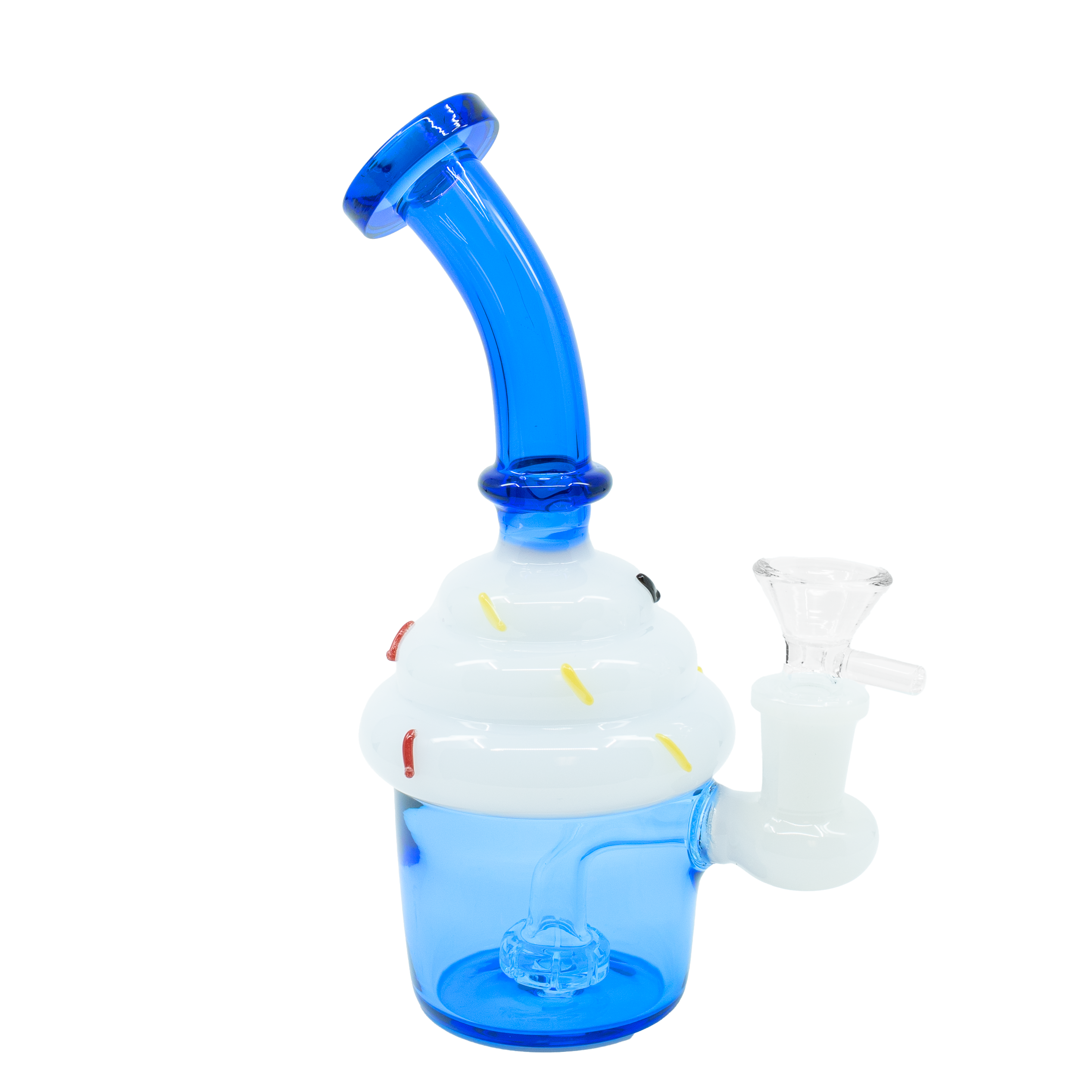 Blue cupcake shaped glass bong with white frosting swirl and percolator chamber