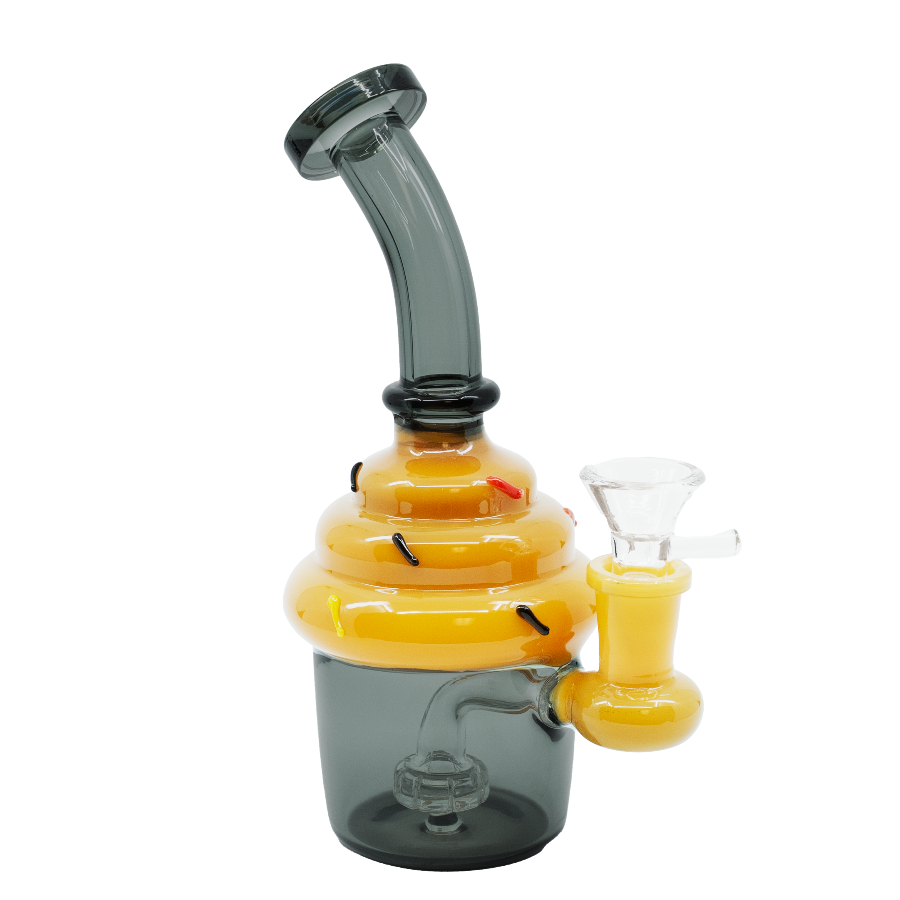 Grey cupcake-shaped glass bong with white frosting top and internal percolator