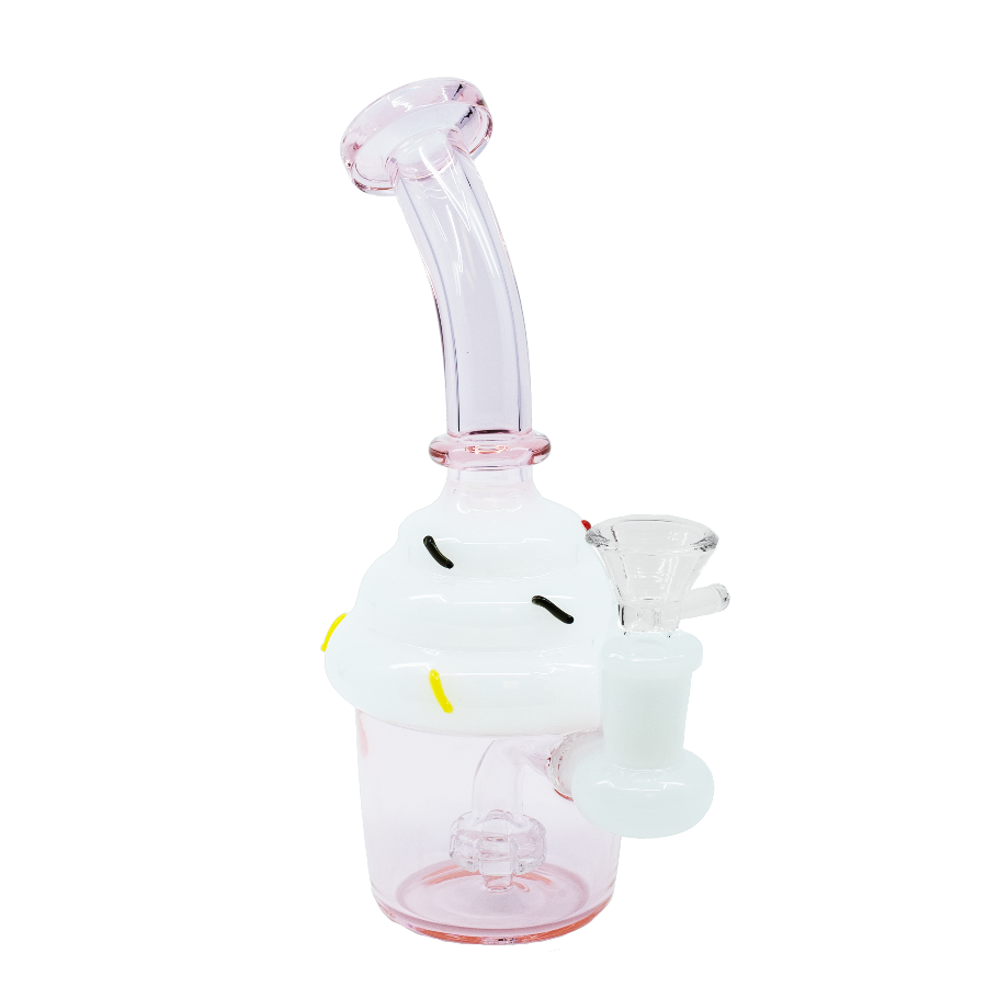 Pink cupcake-shaped glass bong with white frosting top and internal percolator chamber