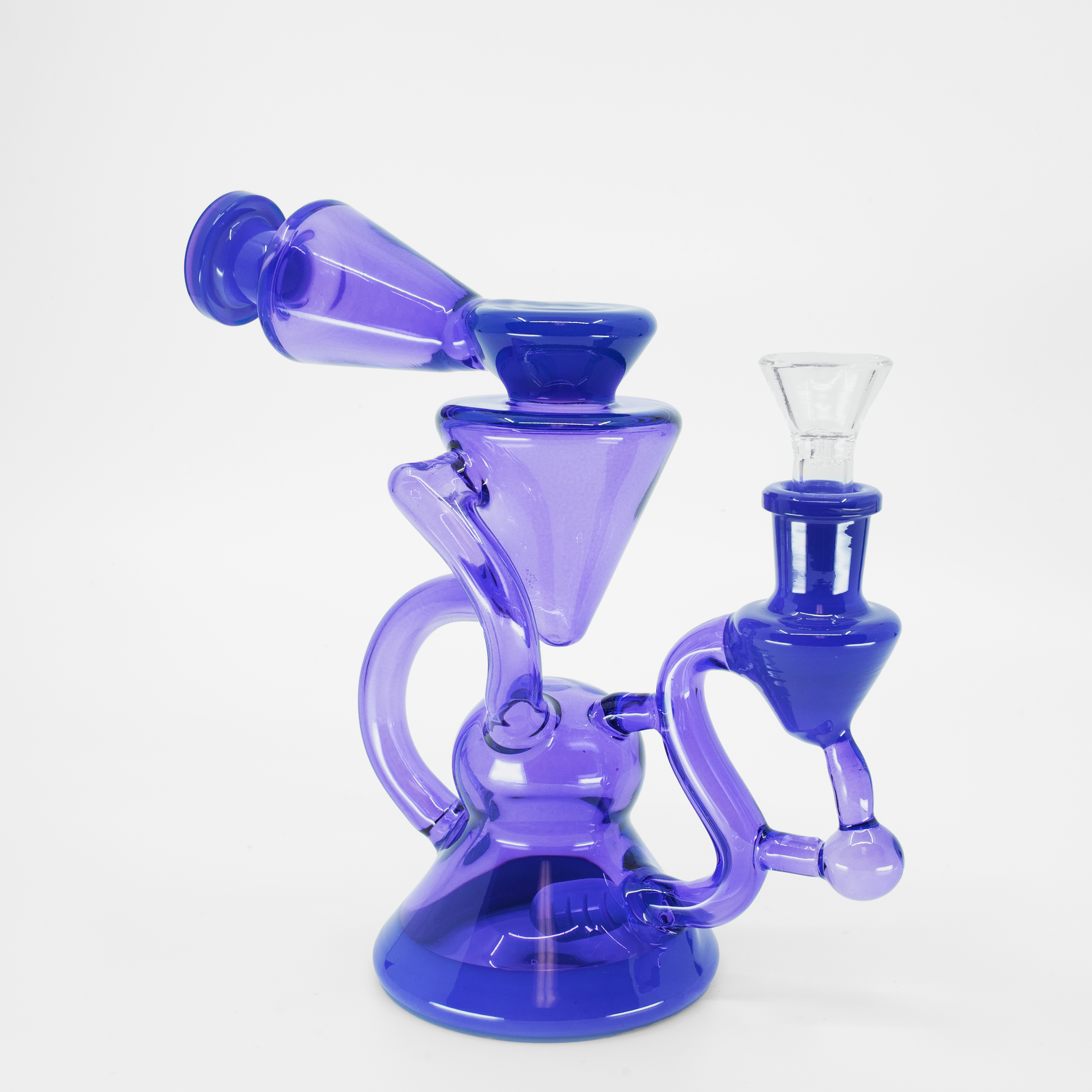 Purple cyclone style glass bong with multiple curved chambers and percolator filtration