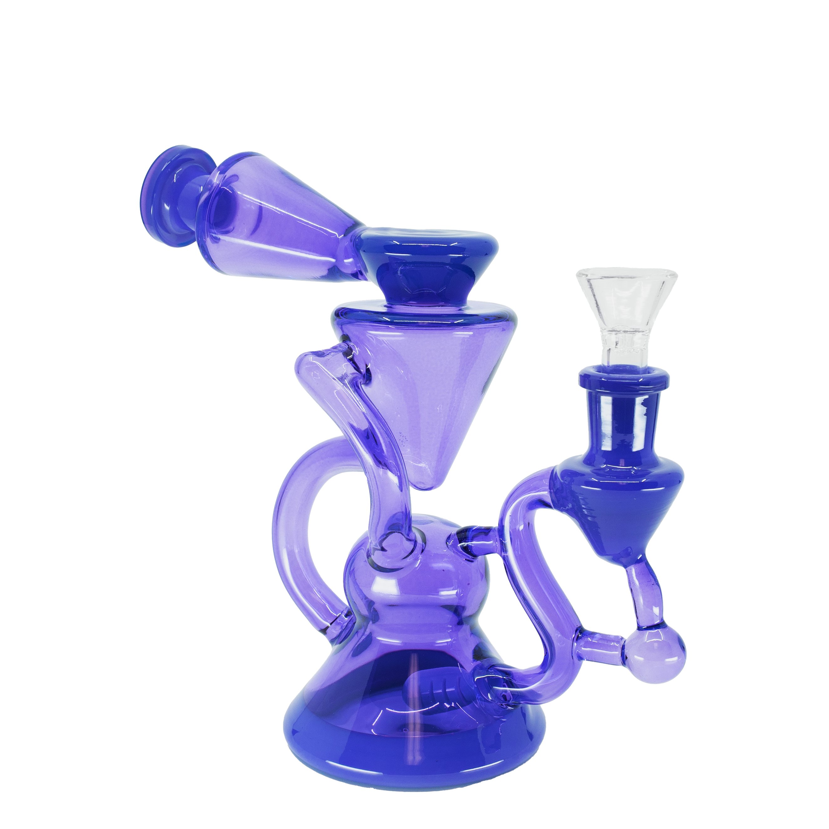 Purple cyclone style glass bong with multiple curved chambers and percolator filtration
