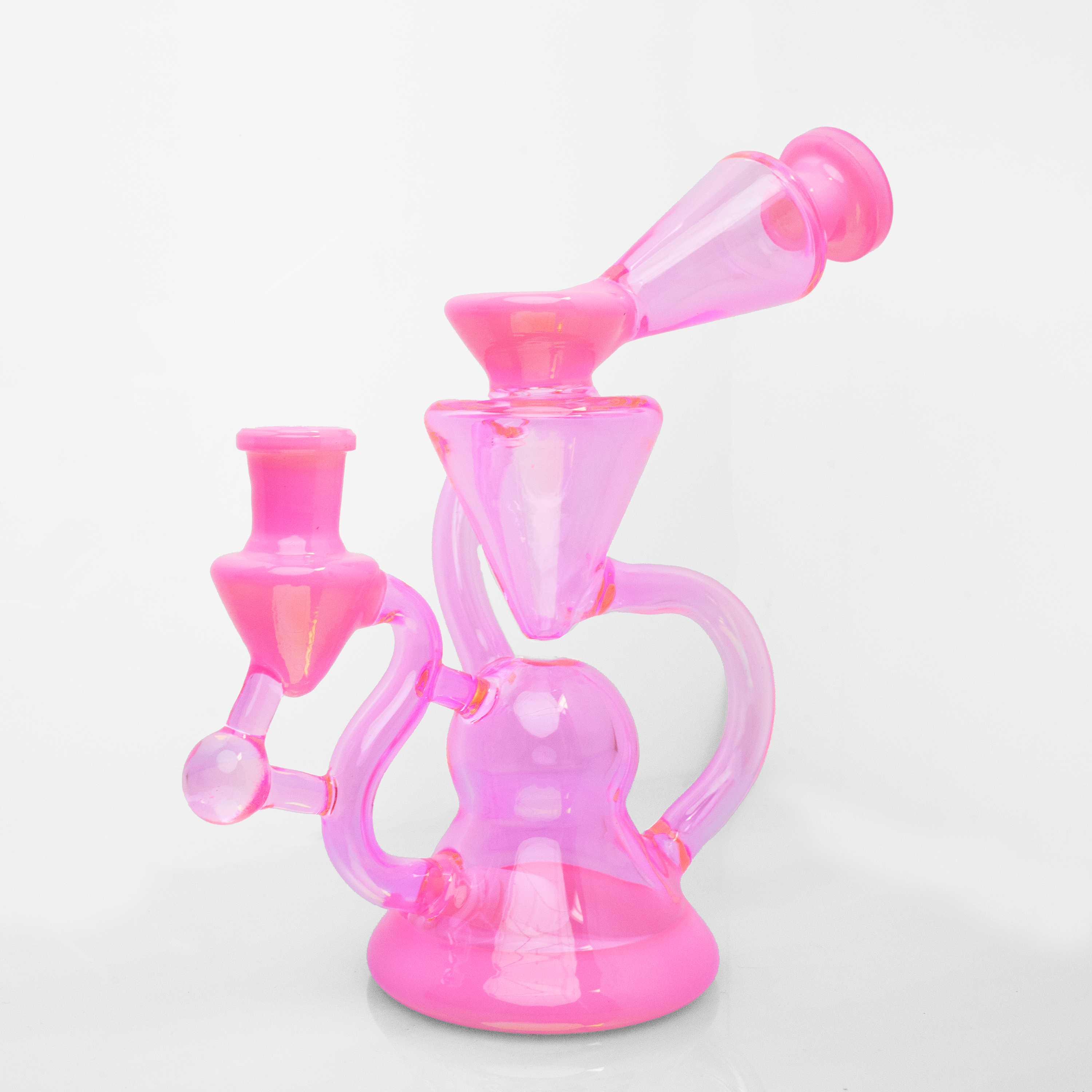 Pink cyclone-shaped glass bong with multiple chambers and curved percolator arms