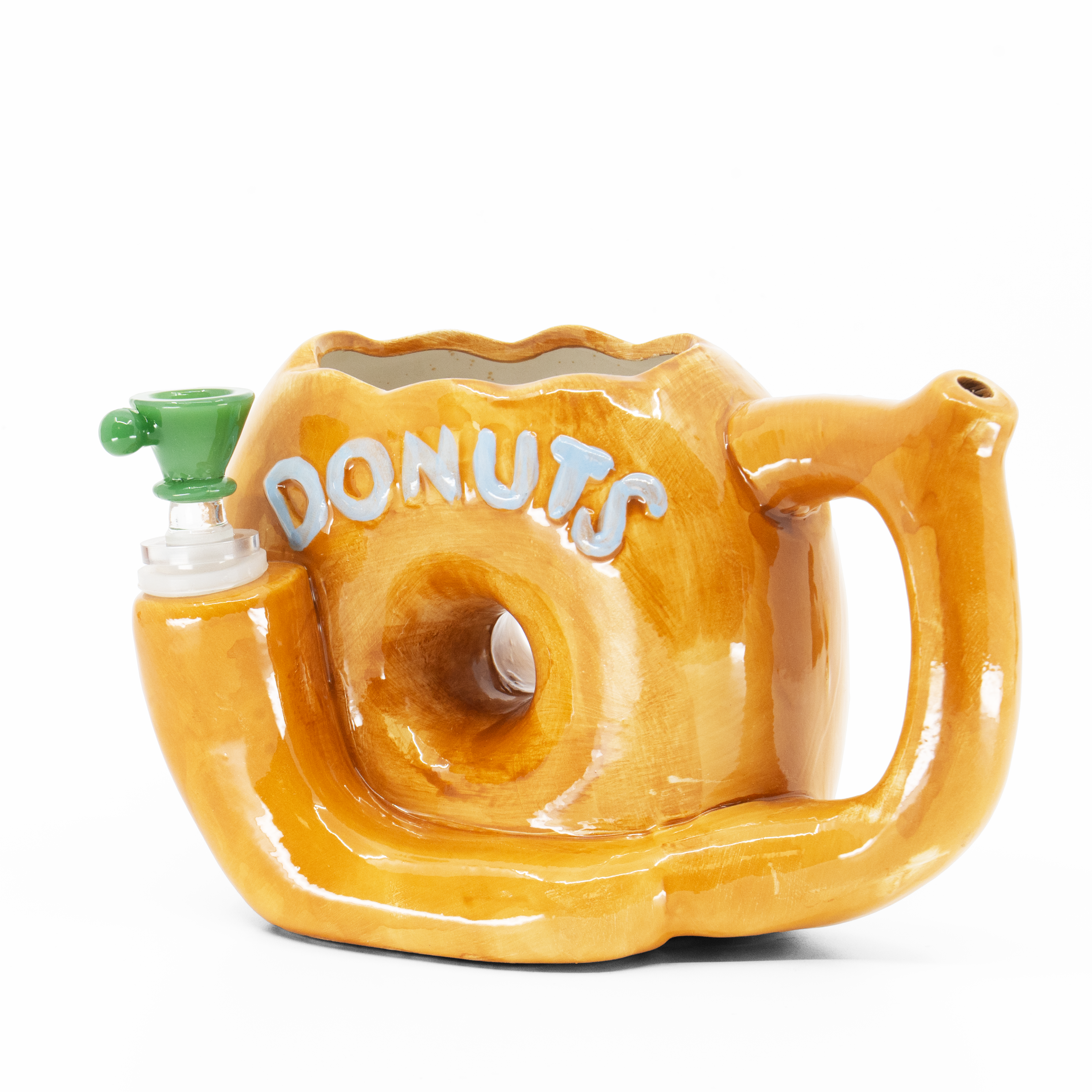 Ceramic donut shaped coffee mug bong with sprinkles and integrated bowl piece