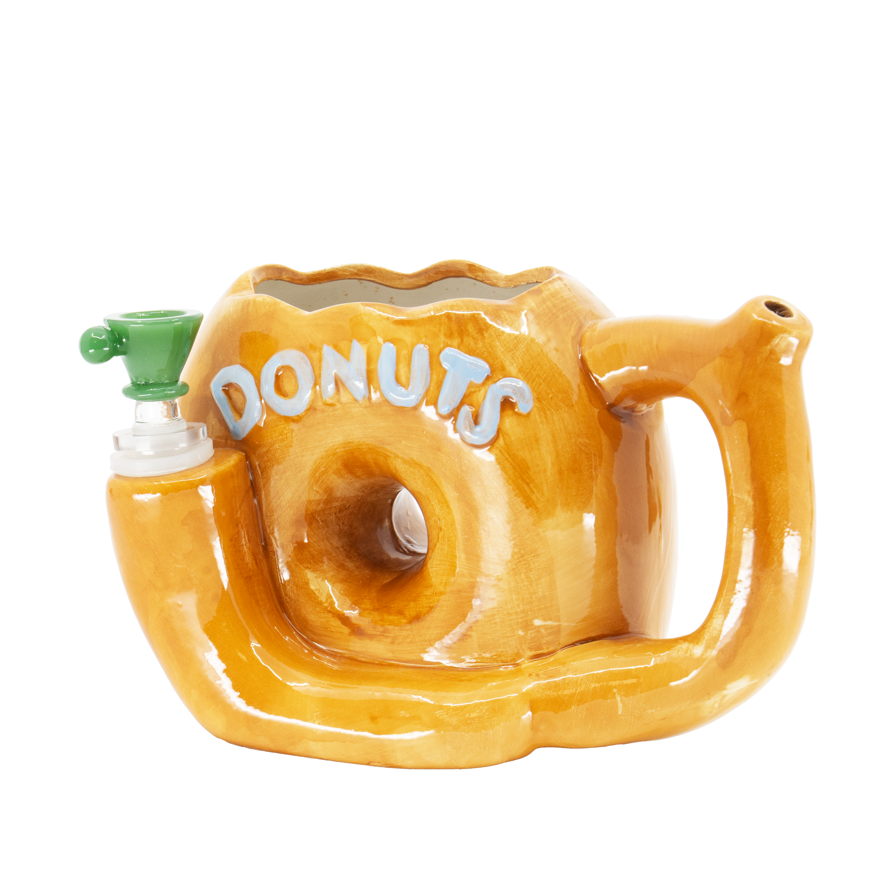 Ceramic donut shaped coffee mug bong with sprinkles and integrated bowl piece