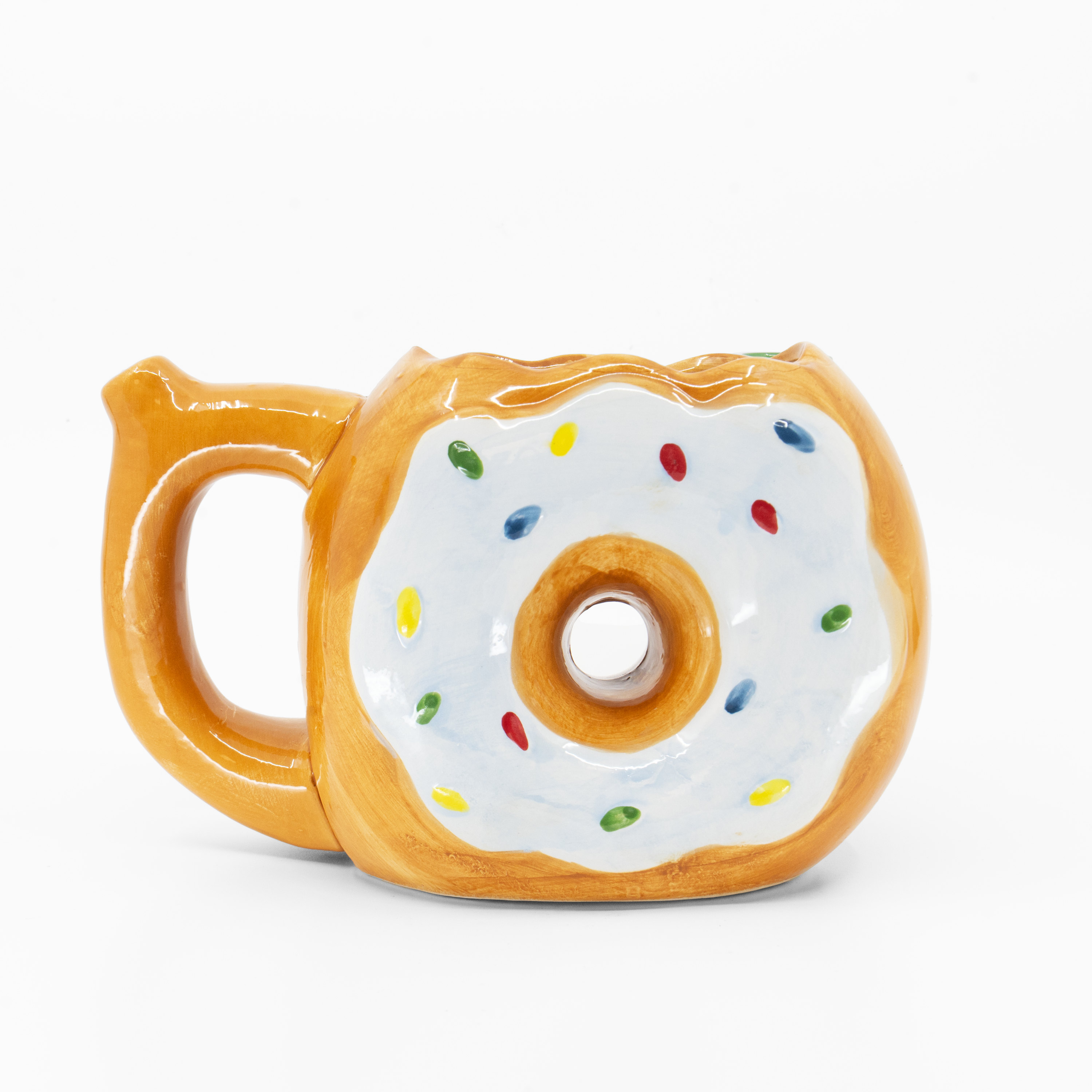 Ceramic donut shaped coffee mug bong with sprinkles and integrated bowl piece