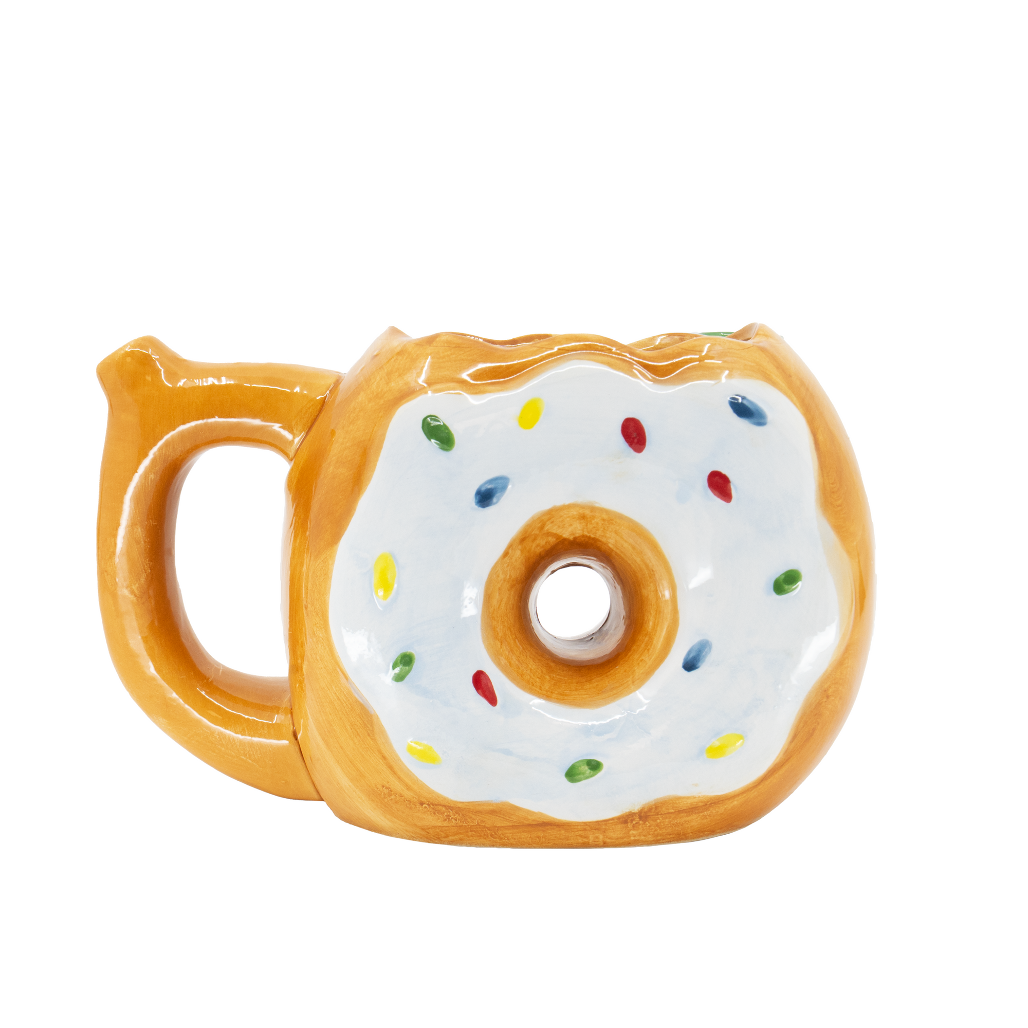 Ceramic donut shaped coffee mug bong with sprinkles and integrated bowl piece