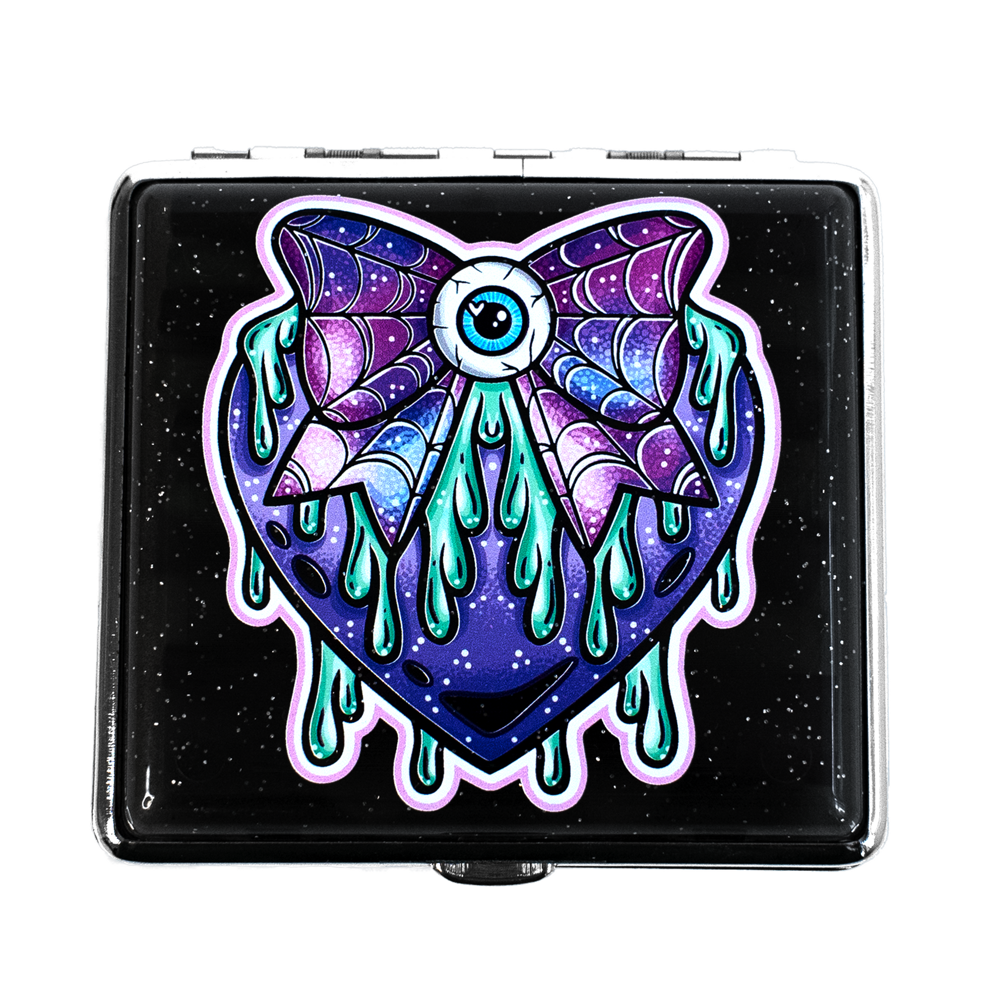 Black sparkle joint case with surreal heart and eyeball artwork by Tarryn Ann