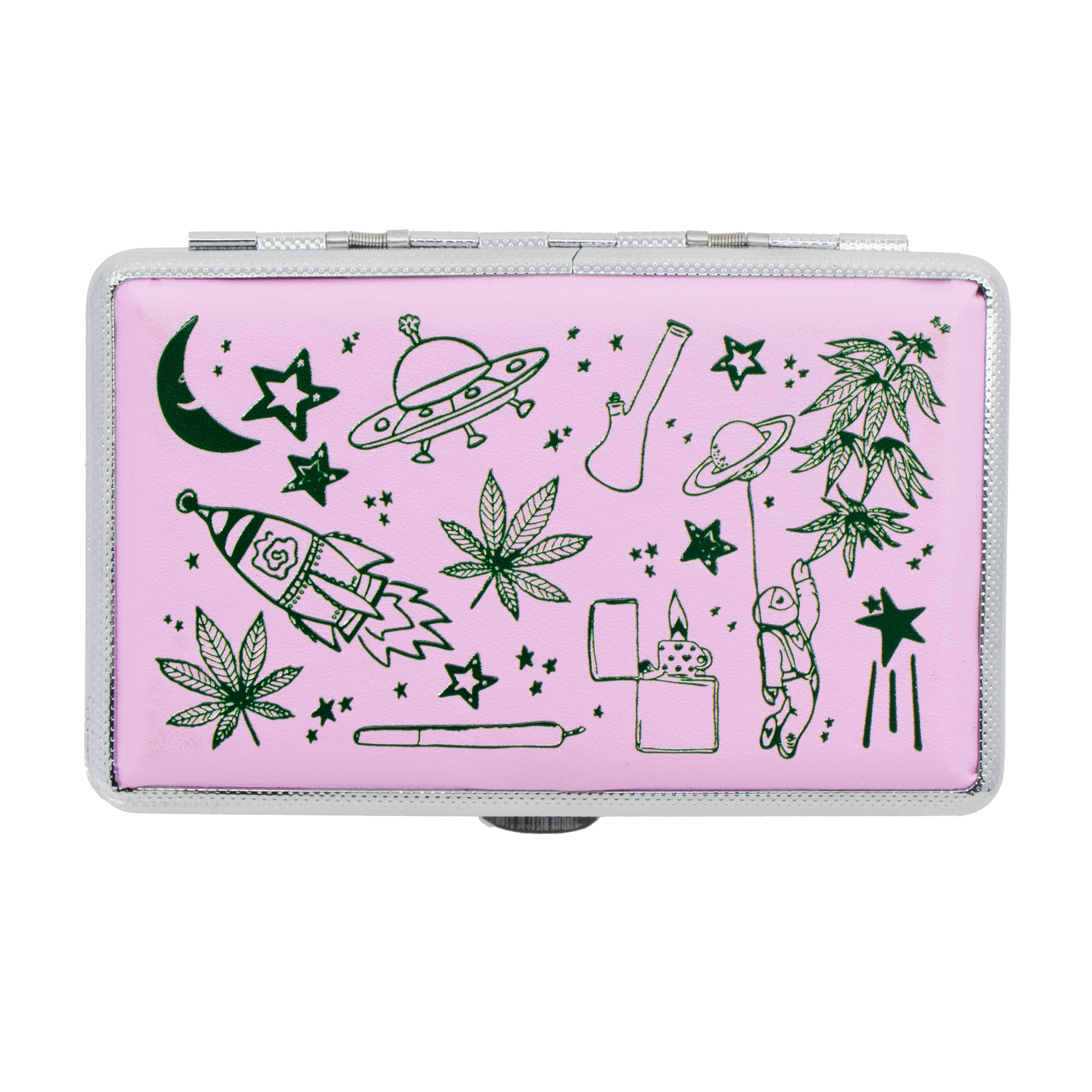 Pink stash case with green alien, weed, and space-themed doodles by Em Hashh on white background