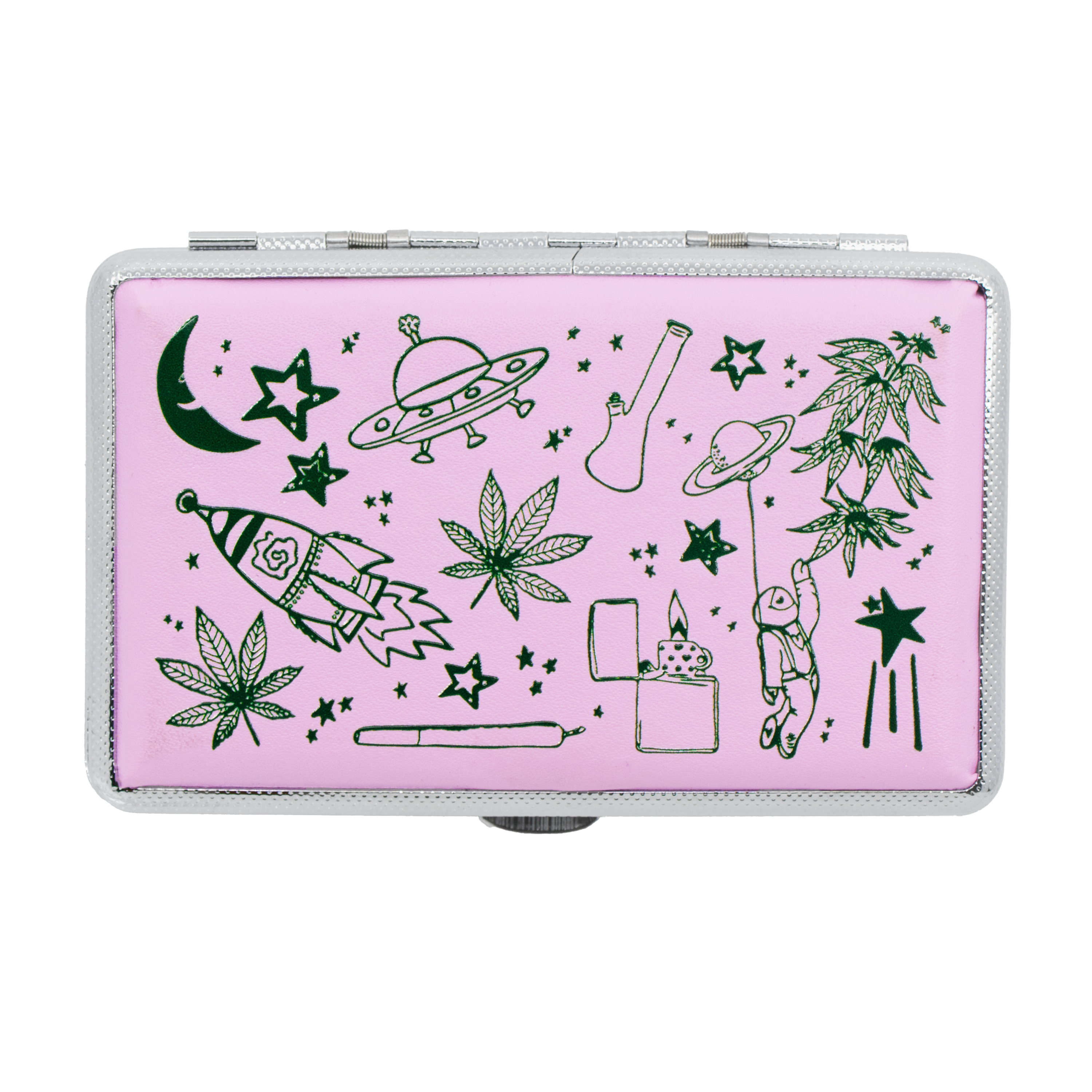 Pink stash case with green alien, weed, and space-themed doodles by Em Hashh on white background