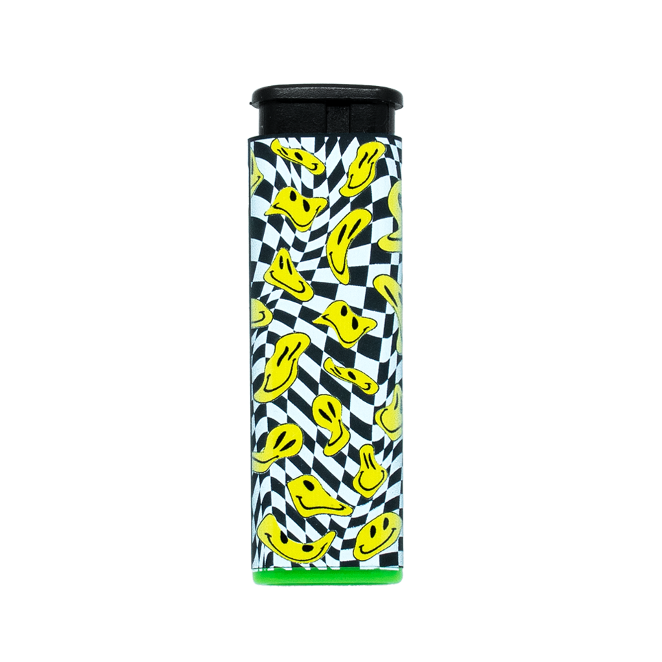 Trippy drooping yellow smiley faces on a black and white pattern Torch Lighter with green accent on a white background
