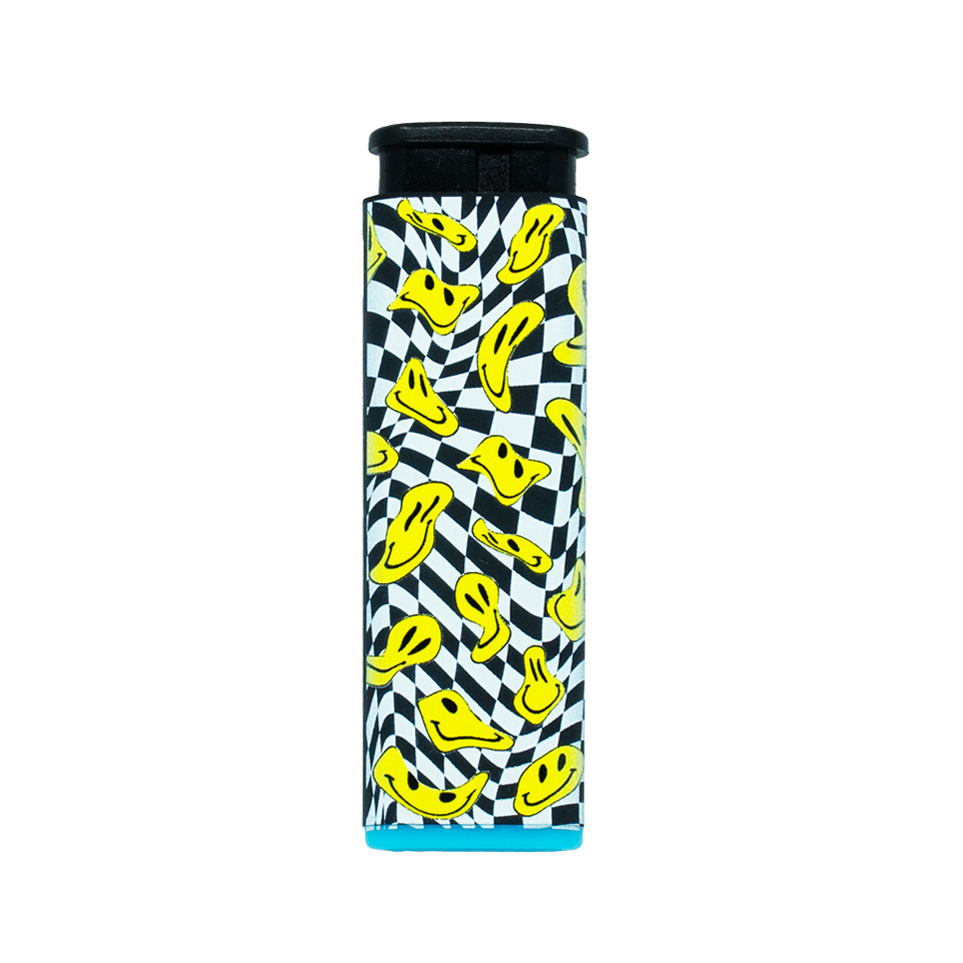 Trippy drooping yellow smiley faces on a black and white pattern Torch Lighter with blue accent on a white background