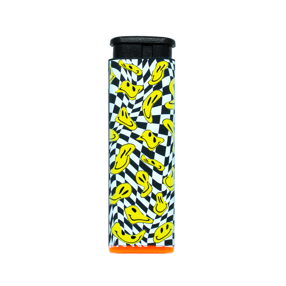 Trippy drooping yellow smiley faces on a black and white pattern Torch Lighter with orange accent on a white background