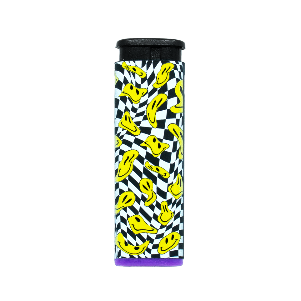 Trippy drooping yellow smiley faces on a black and white pattern Torch Lighter with purple accent on a white background
