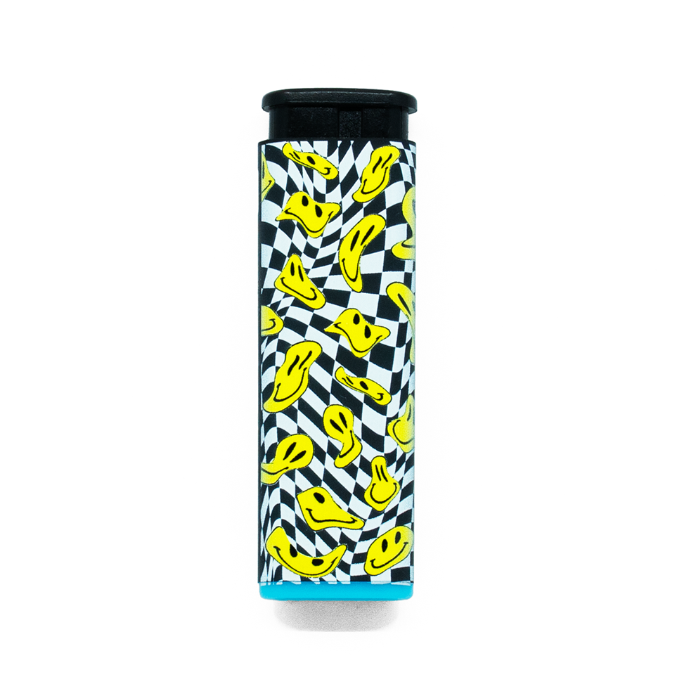 Trippy drooping yellow smiley faces on a black and white pattern Torch Lighter with blue accent on a white background
