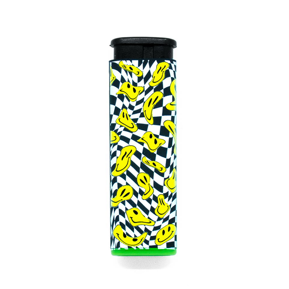 Trippy drooping yellow smiley faces on a black and white pattern Torch Lighter with green accent on a white background