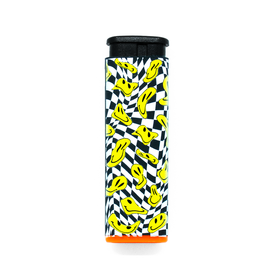 Trippy drooping yellow smiley faces on a black and white pattern Torch Lighter with orange accent on a white background