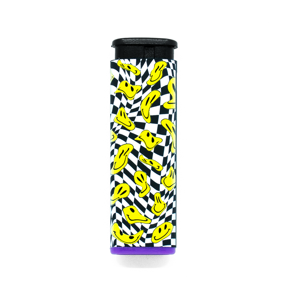 Trippy drooping yellow smiley faces on a black and white pattern Torch Lighter with purple accent on a white background