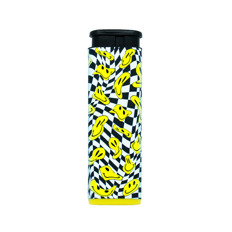 Trippy drooping yellow smiley faces on a black and white pattern Torch Lighter with yellow accent on a white background