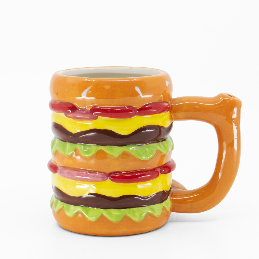 Ceramic hamburger-shaped coffee mug bong with built-in bowl piece