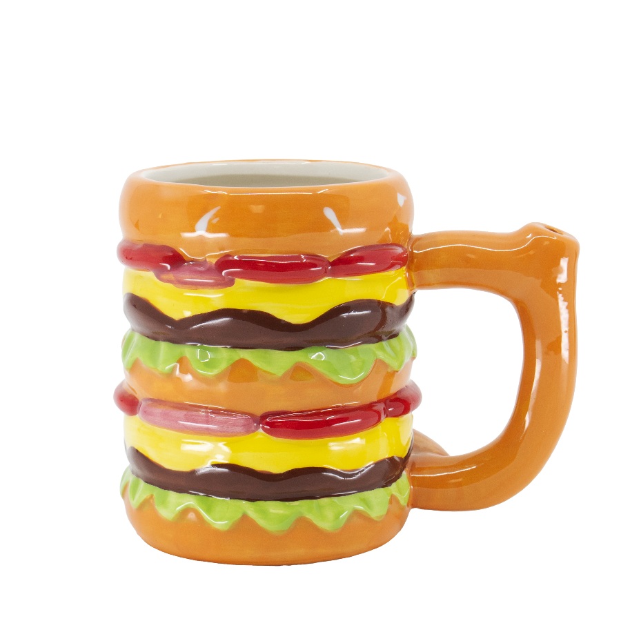 Ceramic hamburger-shaped coffee mug bong with built-in bowl piece