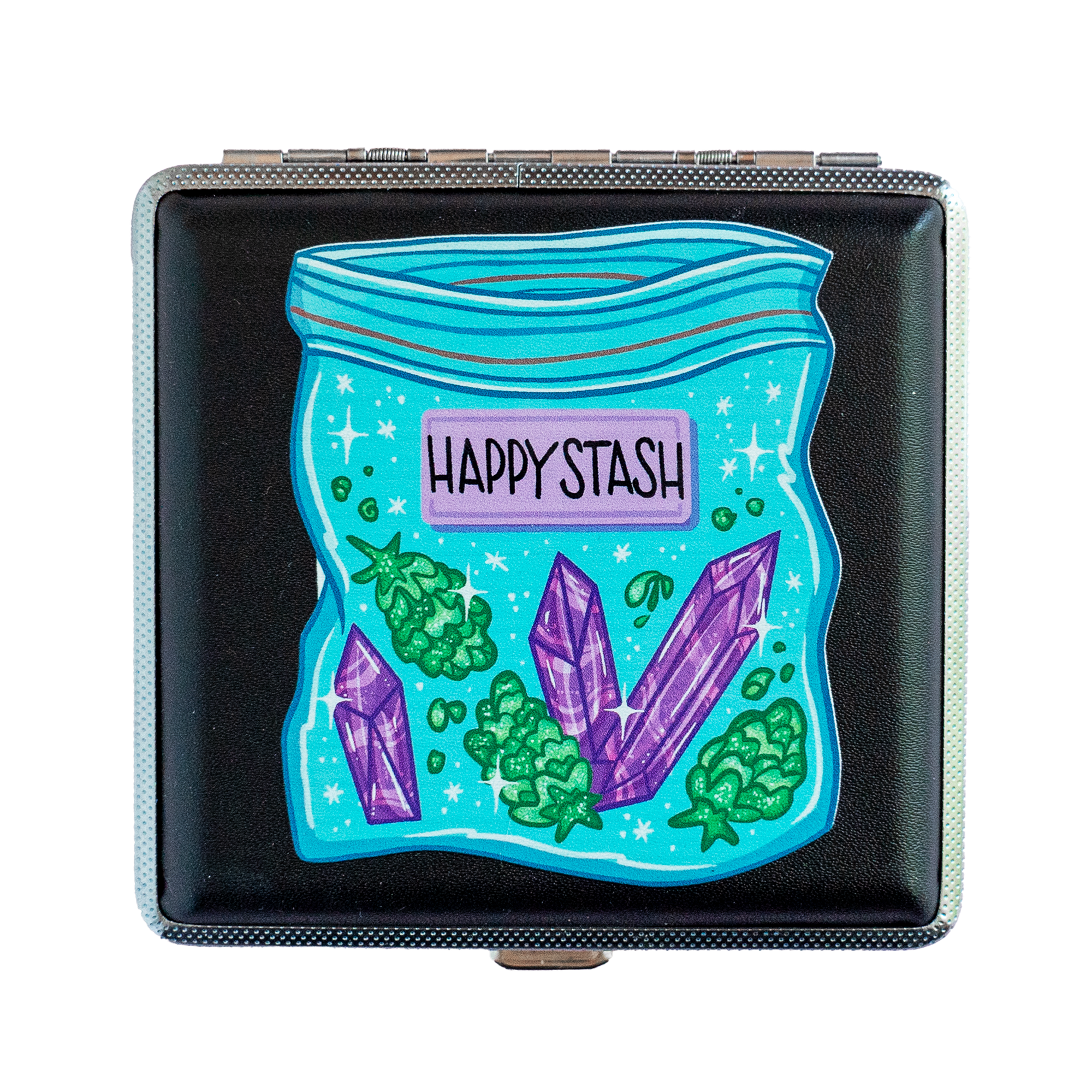 Black stash case with "Happy Stash" design featuring cartoon cannabis buds and purple crystals – perfect for storing joints, vapes, or smoking accessories.