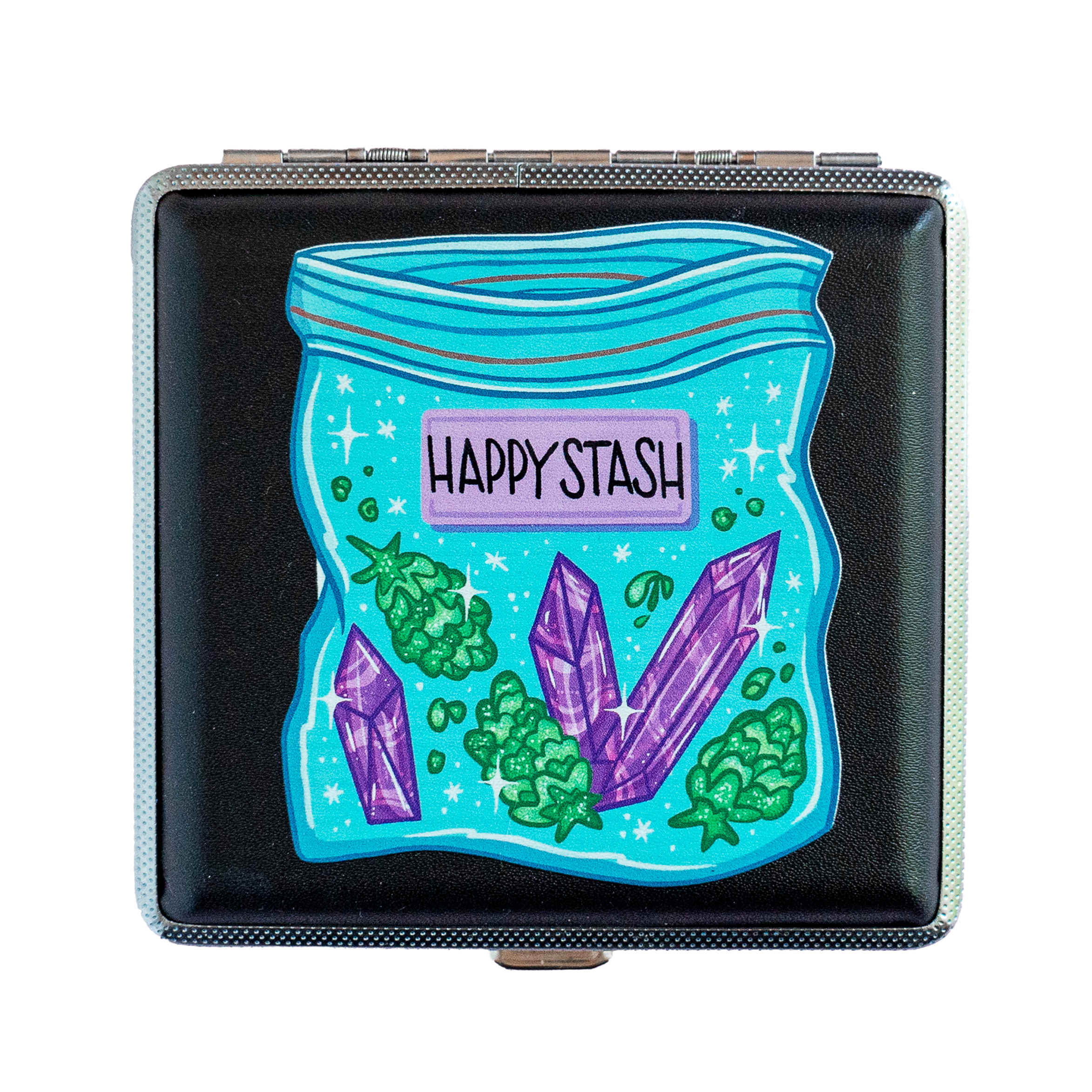 Black stash case with "Happy Stash" design featuring cartoon cannabis buds and purple crystals – perfect for storing joints, vapes, or smoking accessories.