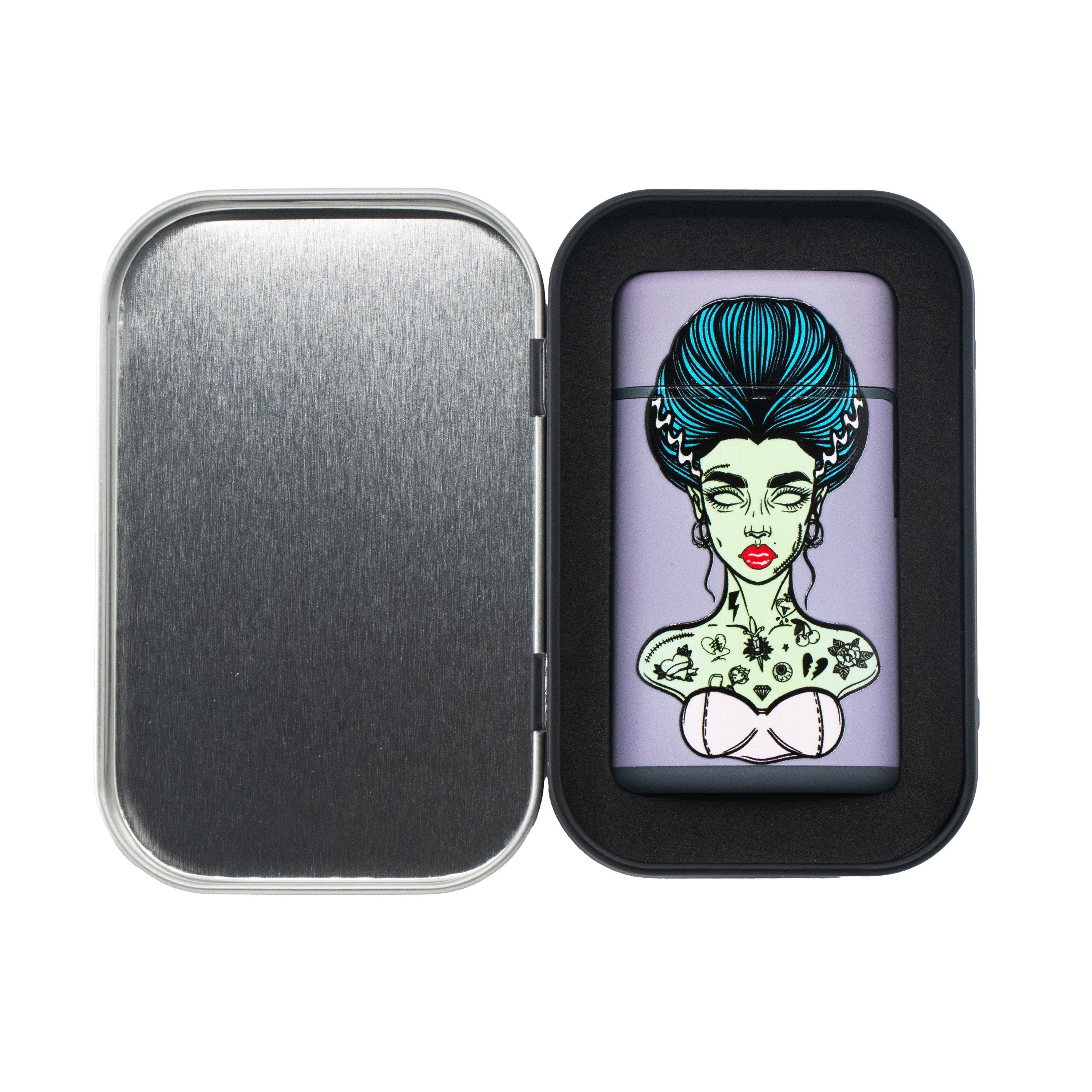 Purple flip torch lighter with Bride of Frankenstein tattoo art and teal hair | Goth cannabis accessory