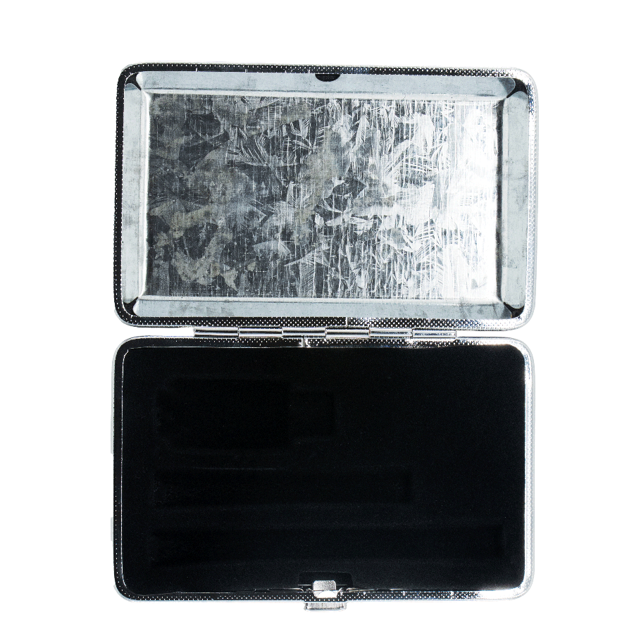 Interior of hard-shell smell-proof joint case with silver hardware