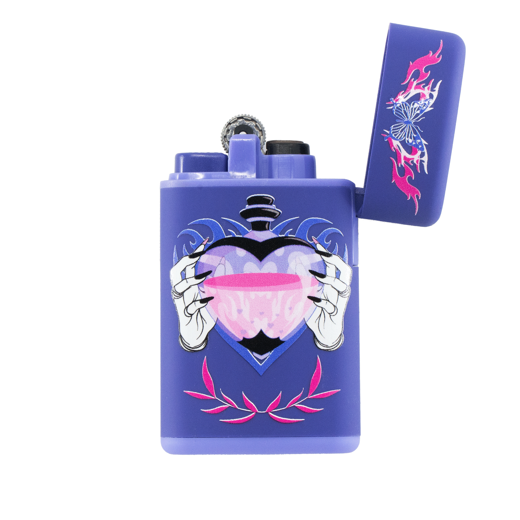 Purple torch flip lighter with gothic heart potion design and clawed hands
