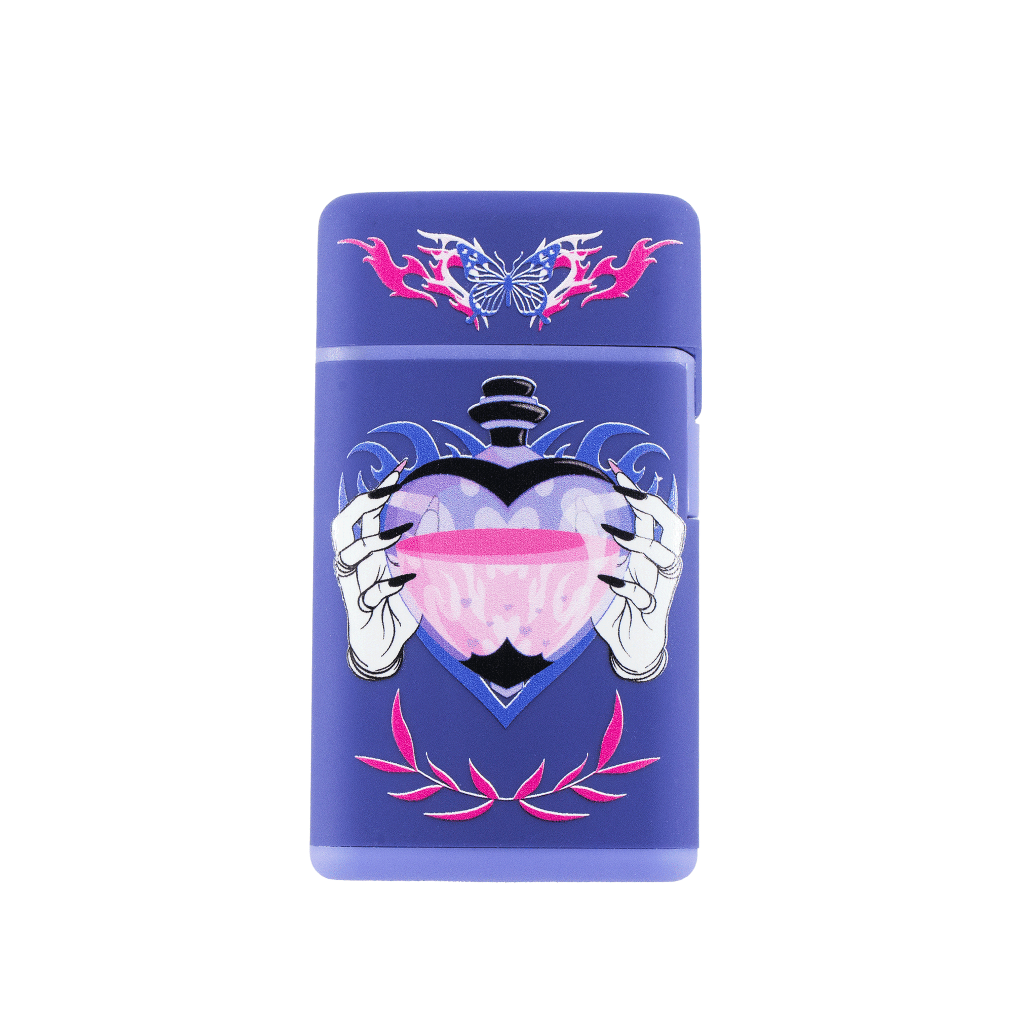 Purple torch flip lighter with gothic heart potion design and clawed hands
