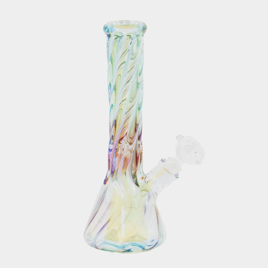 Colorful iridescent spiral glass bong with mermaid-inspired swirl pattern