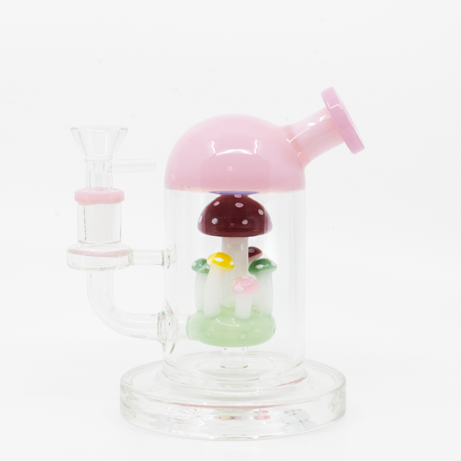 Pink mushroom-themed dab rig with pastel glass percolator