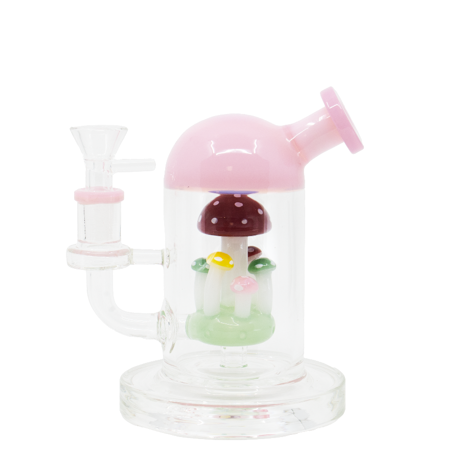 Pink mushroom-themed dab rig with pastel glass percolator