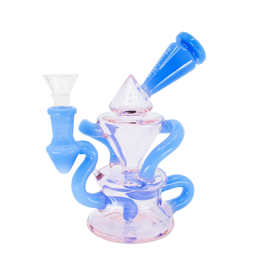 Twisted glass bong with pastel pink base and blue spiral tubing with vortex airflow on a white background