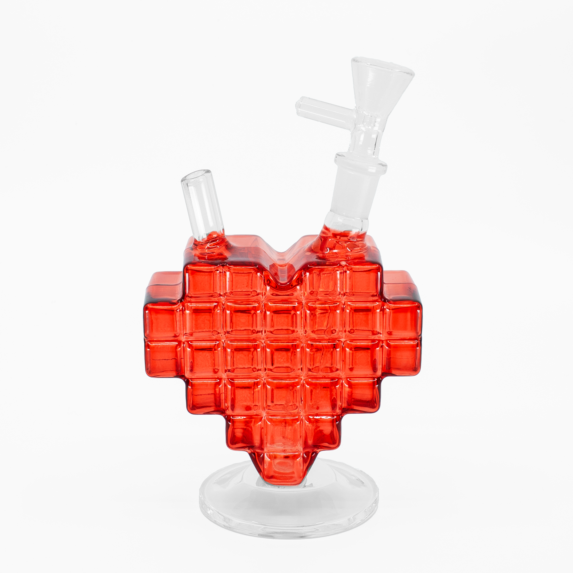 Pink pixelated heart-shaped glass bong with curved chamber and clear bowl
